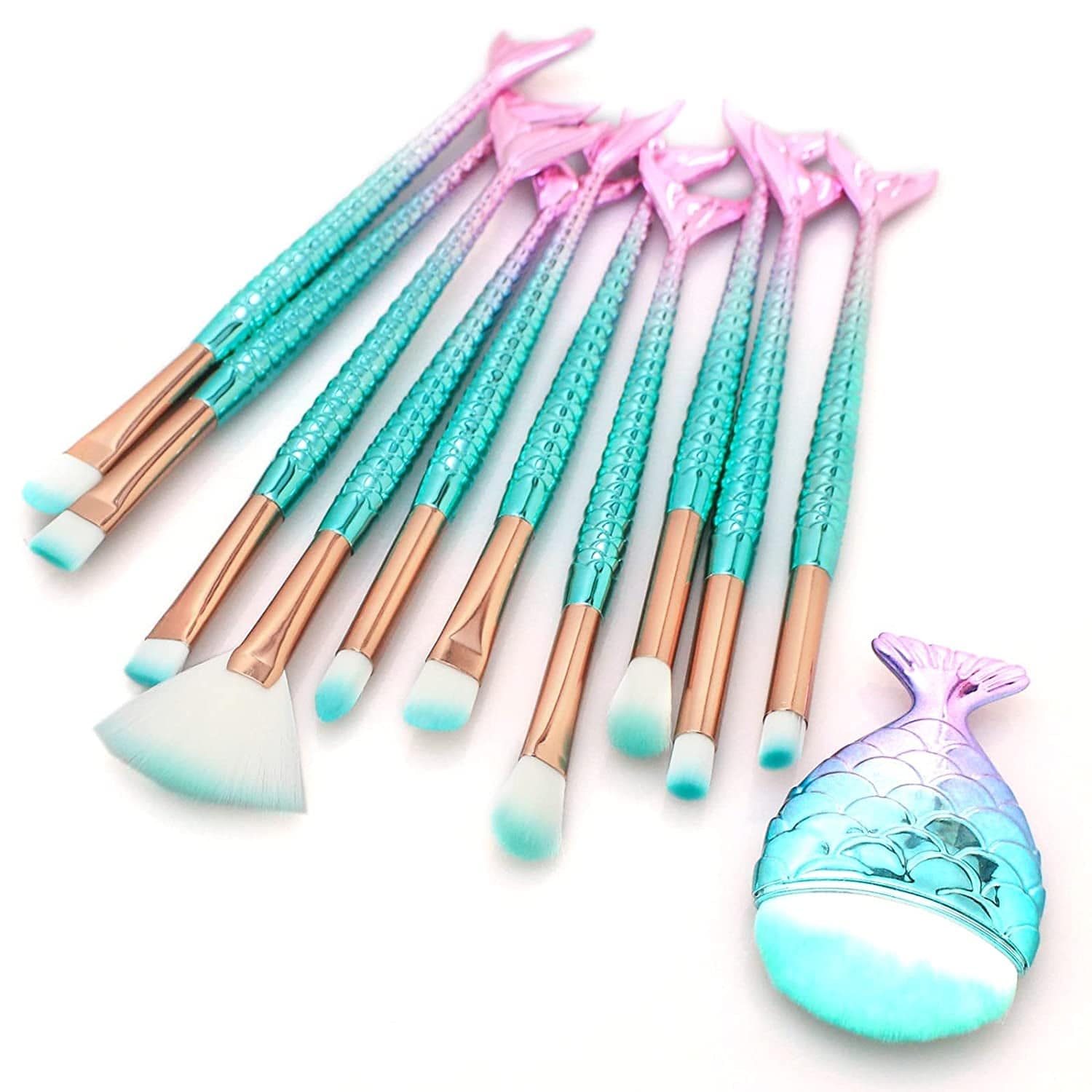 11PCS Makeup Brushes Set with Colorful Fish Tail Handle, Foundation Eyebrow Eyeliner Blush Cosmetic Concealer Brushes Women Girl Cute Make up Tool Set Health & Beauty > Personal Care > Cosmetics > Cosmetic Tools > Makeup Tools HOFASON