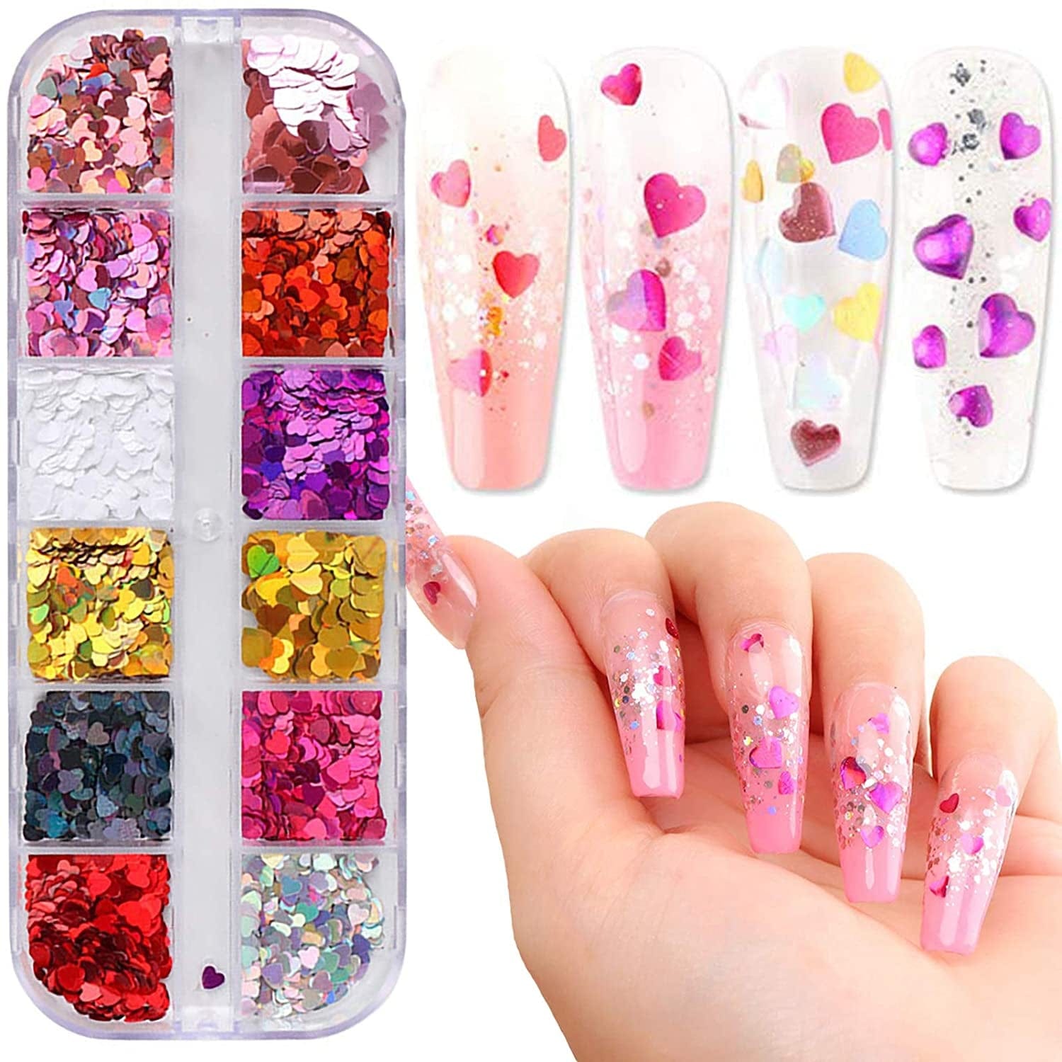 12 Colors 3D Heart Nail Art Glitters Stickers Colorful Love Hearts Nail Sequins Holographic Laser Sparkle Nail Flakes Shiny Charms Design for Acrylic Nail Supplies Nail Decors Tools Health & Beauty > Personal Care > Cosmetics > Cosmetic Tools > Nail Tools Flyouthe