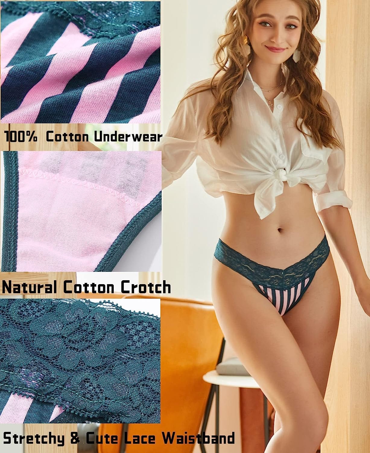 12 Pack Cotton Thongs for Women Low V-Waisted Sexy Lace Underwear Womens Breathable Tanga Panties for Ladies S-XL