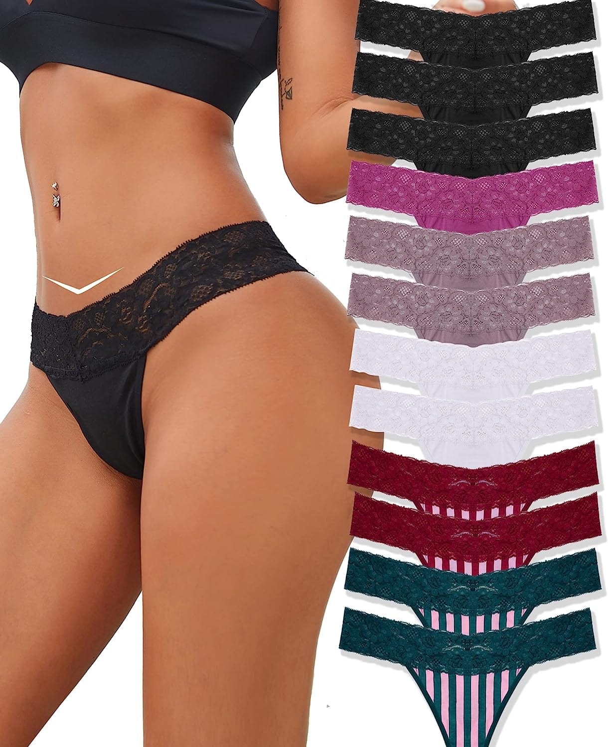 12 Pack Cotton Thongs for Women Low V-Waisted Sexy Lace Underwear Womens Breathable Tanga Panties for Ladies S-XL 12pack(black*3 Wine*2 Khaki*2 White*2 Green*2 Purple*1) / Large