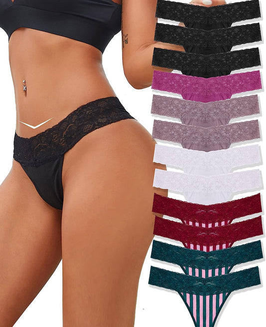 12 Pack Cotton Thongs for Women Low V-Waisted Sexy Lace Underwear Womens Breathable Tanga Panties for Ladies S-XL 12pack(black*3 Wine*2 Khaki*2 White*2 Green*2 Purple*1) / Large