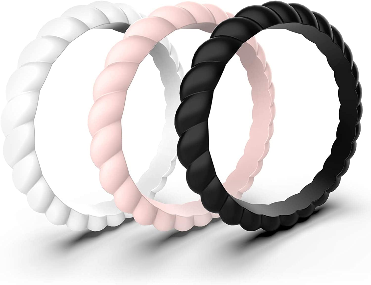 12 Packs Silicone Wedding Rings for Women, Thin Braided Rubber Wedding Bands Stackable Ring, Hypoallergenic Silicone 3 Packs: black+pink+white / 10(19.8mm)