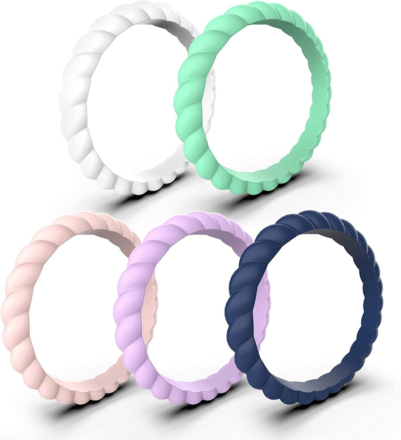 12 Packs Silicone Wedding Rings for Women, Thin Braided Rubber Wedding Bands Stackable Ring, Hypoallergenic Silicone 5 Packs: midnight blue+lilac+light pink+light mint green+white / 7(17.3mm)