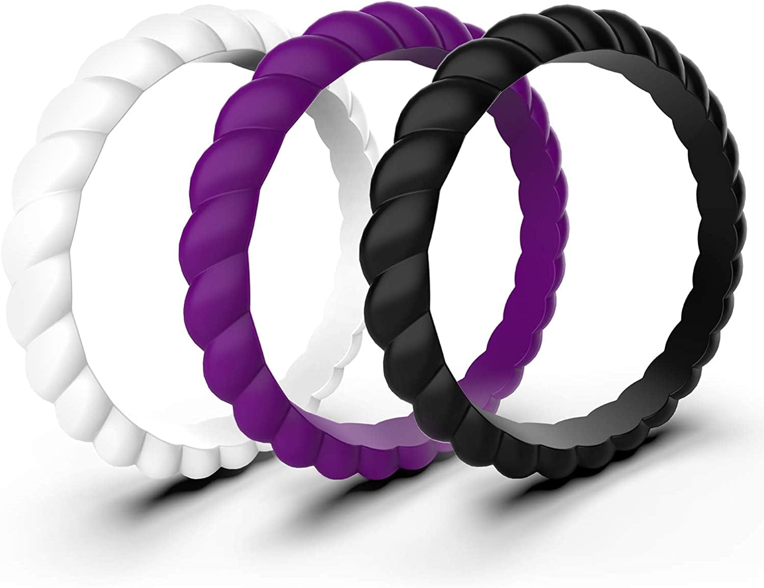 12 Packs Silicone Wedding Rings for Women, Thin Braided Rubber Wedding Bands Stackable Ring, Hypoallergenic Silicone 3 Packs: black+purple+white / 4(15.3mm)