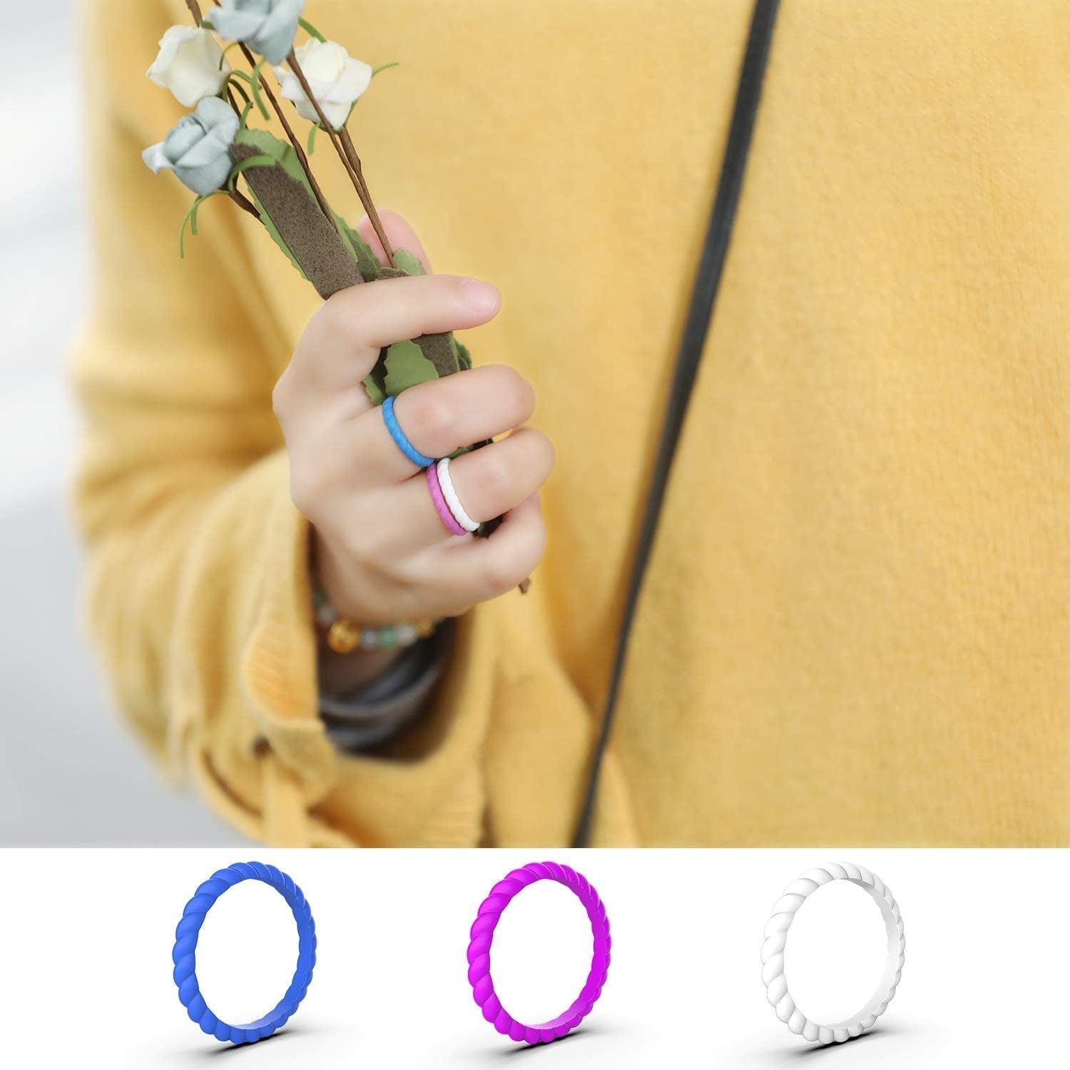 12 Packs Silicone Wedding Rings for Women, Thin Braided Rubber Wedding Bands Stackable Ring, Hypoallergenic Silicone