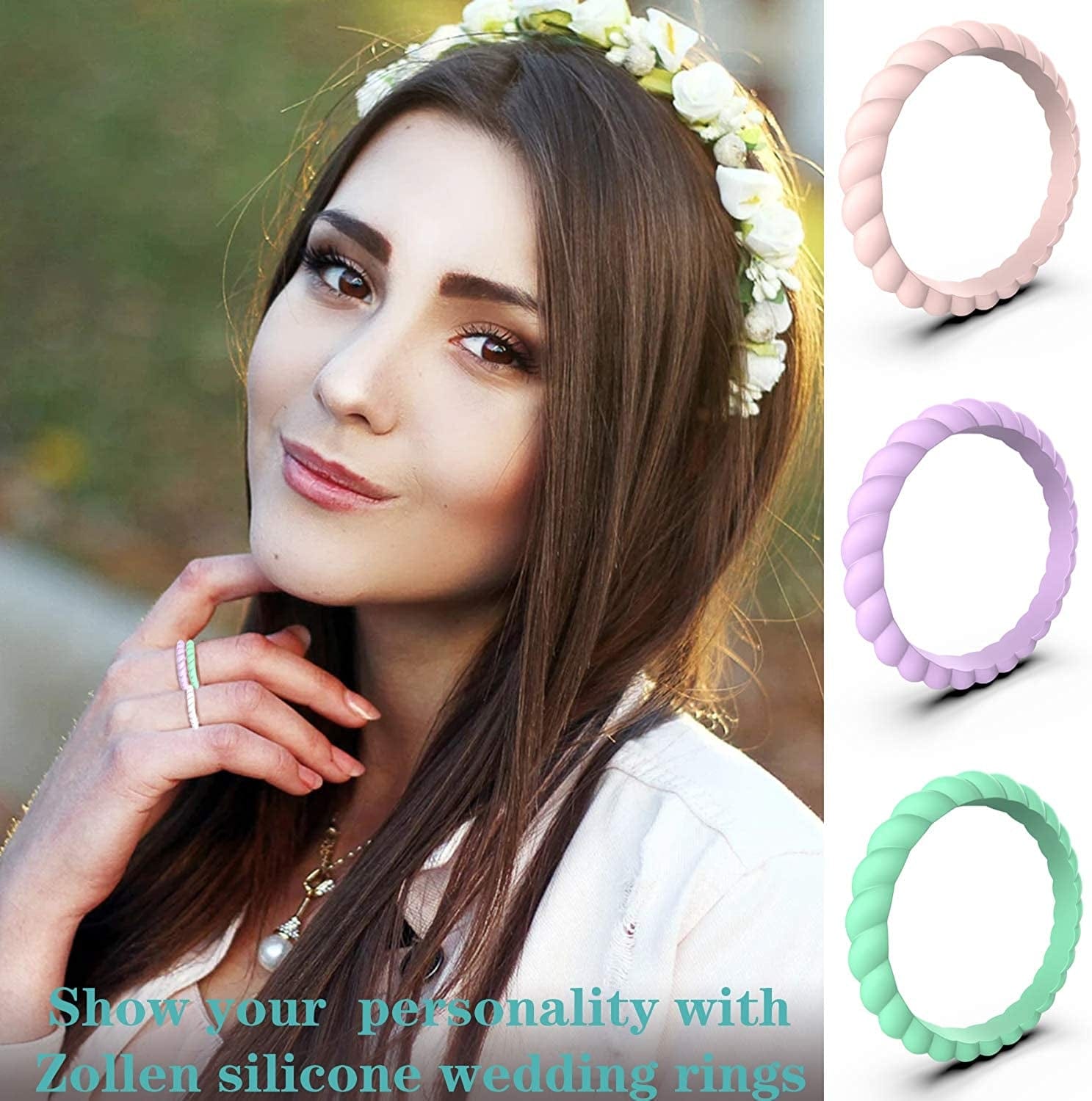 12 Packs Silicone Wedding Rings for Women, Thin Braided Rubber Wedding Bands Stackable Ring, Hypoallergenic Silicone