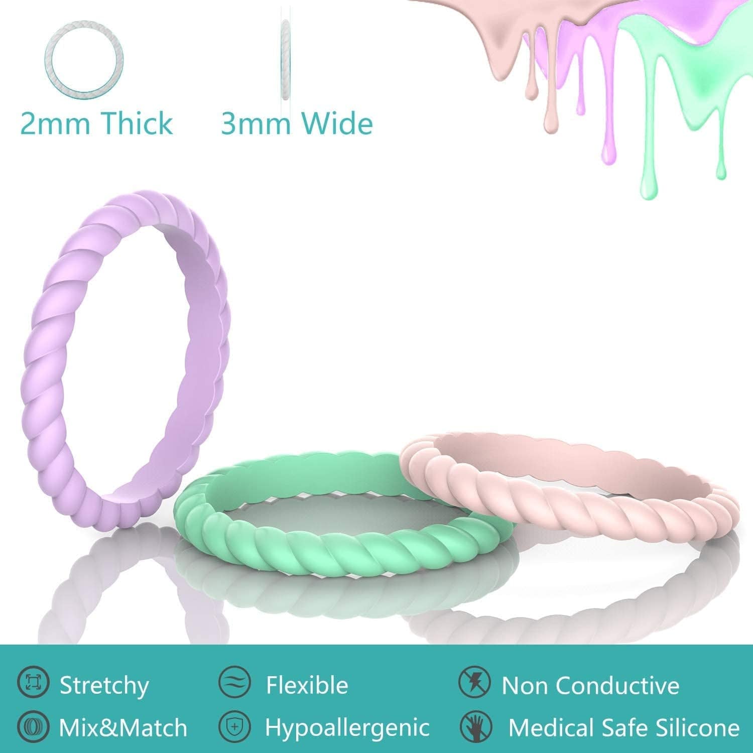 12 Packs Silicone Wedding Rings for Women, Thin Braided Rubber Wedding Bands Stackable Ring, Hypoallergenic Silicone