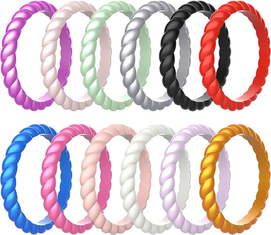 12 Packs Silicone Wedding Rings for Women, Thin Braided Rubber Wedding Bands Stackable Ring, Hypoallergenic Silicone 12 Packs / 10(19.8mm)