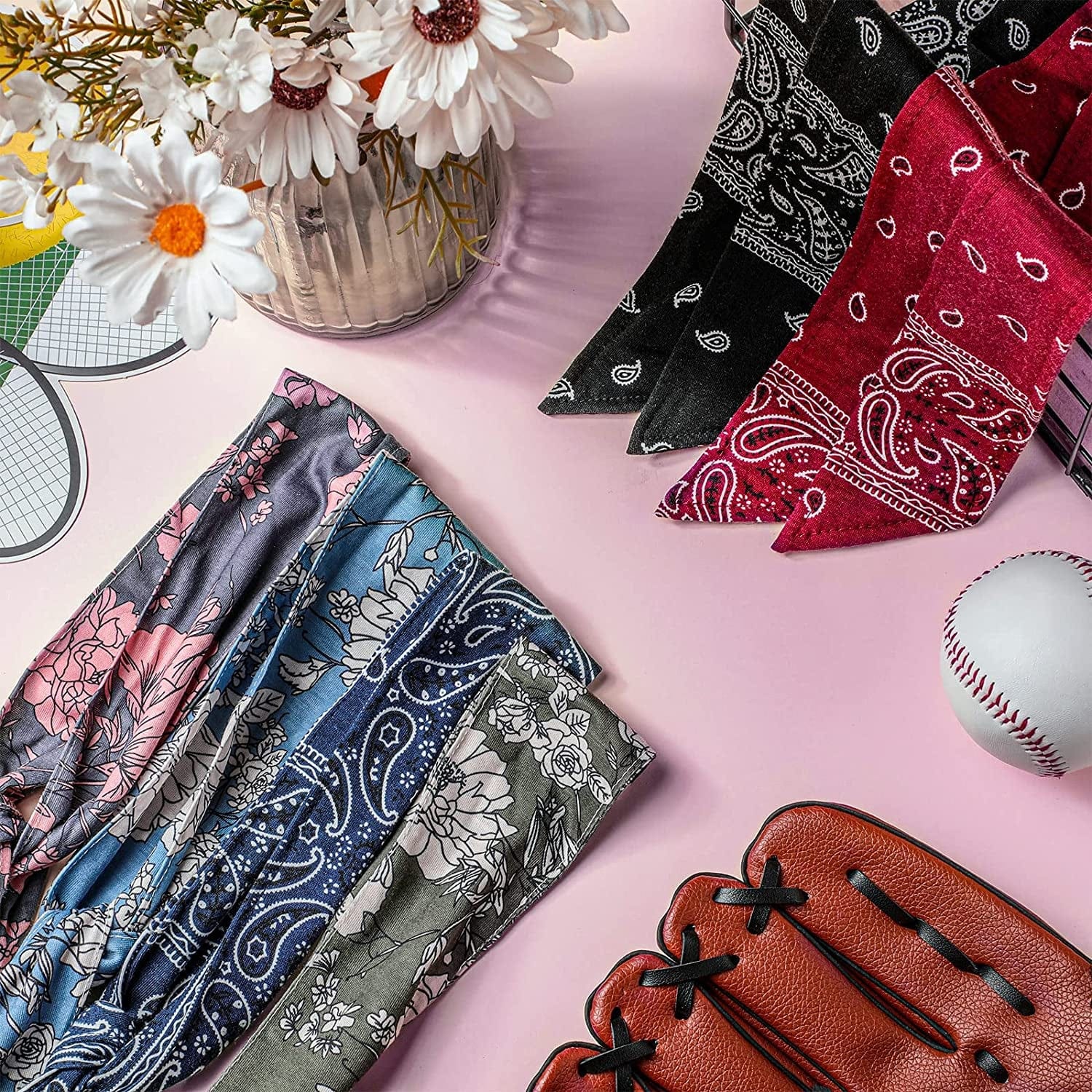 12 Packs Tie on Headband for Women Men Elastic Athletic Bandana Adjustable Sport Hair Bands Non Slip Yoga Workout Sweatbands Sweat Wicking Head Tie Long Bandana Headwrap Running Head Band for Tennis Apparel & Accessories > Clothing Accessories > Bandanas & Headties Zhanmai