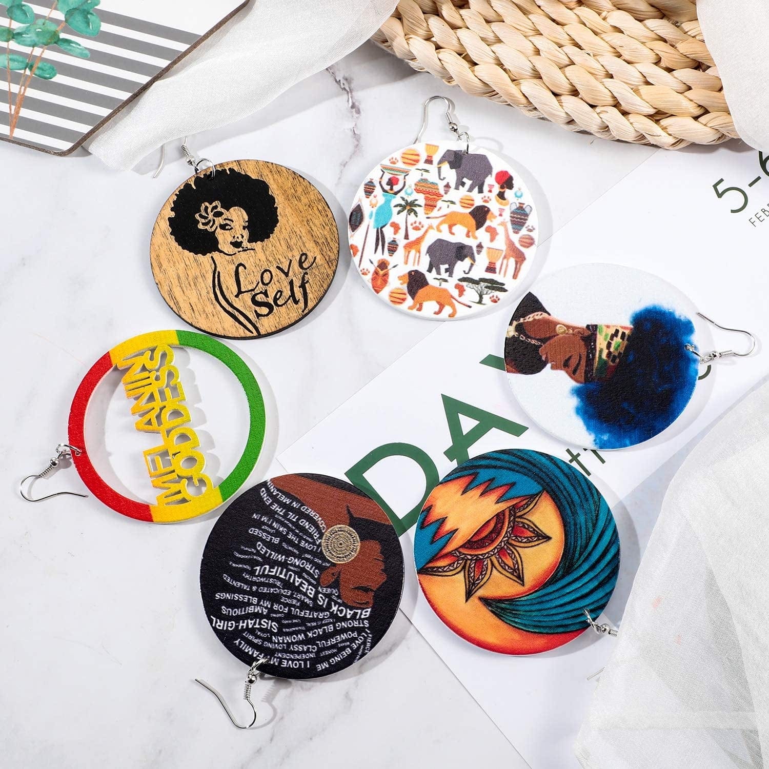 12 Pairs African Map Women Earrings round Natural Wooden Painted Earrings Ethnic Style Dangle Earring (African Themed Patterns) Apparel & Accessories > Jewelry > Earrings Hicarer