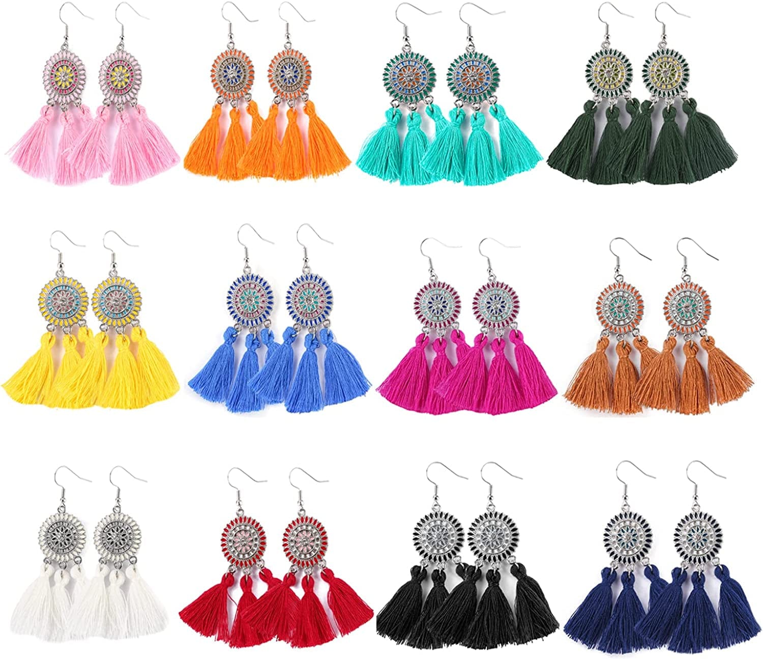 12 Pairs Bohemian Tassel Earrings Set-Trendy Colorful Fringe Summer Beach Statement Earrings for Women Girls C-12 Pairs Flower Tassel Earrings