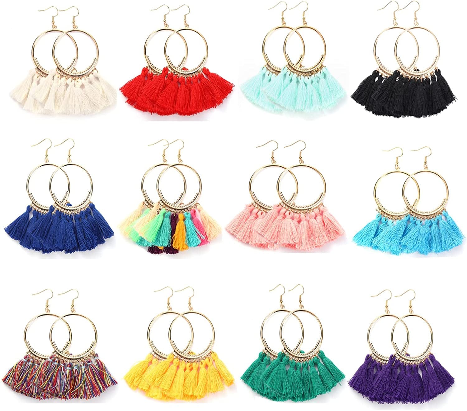 12 Pairs Bohemian Tassel Earrings Set-Trendy Colorful Fringe Summer Beach Statement Earrings for Women Girls B-12 Pairs New Tassel Earrings