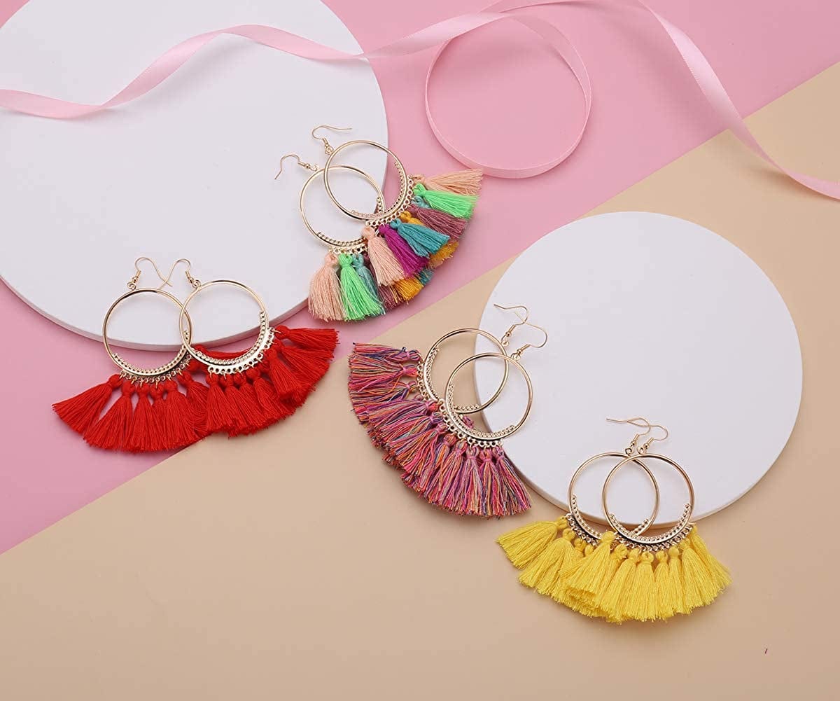 12 Pairs Bohemian Tassel Earrings Set-Trendy Colorful Fringe Summer Beach Statement Earrings for Women Girls