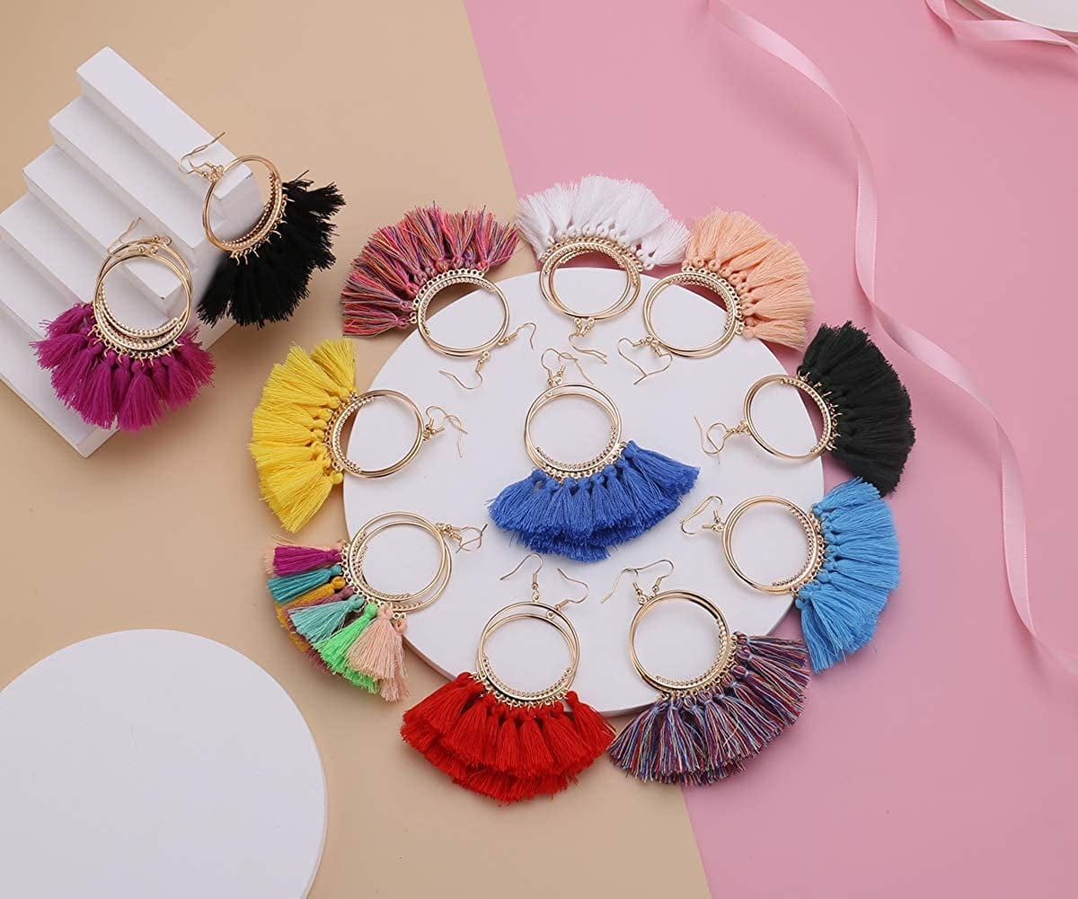 12 Pairs Bohemian Tassel Earrings Set-Trendy Colorful Fringe Summer Beach Statement Earrings for Women Girls