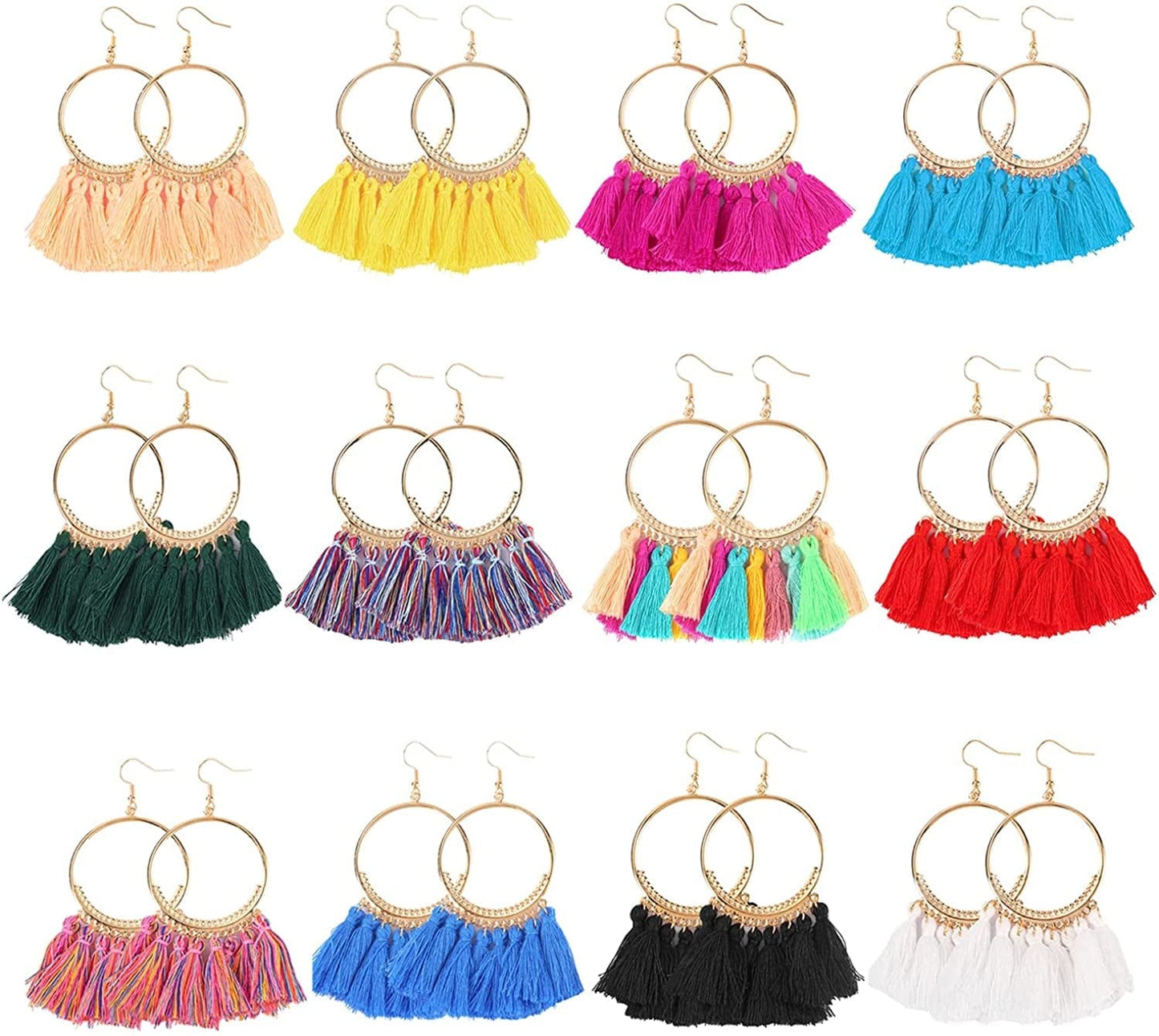 12 Pairs Bohemian Tassel Earrings Set-Trendy Colorful Fringe Summer Beach Statement Earrings for Women Girls A-12 Pairs Hoop Tassel Earrings