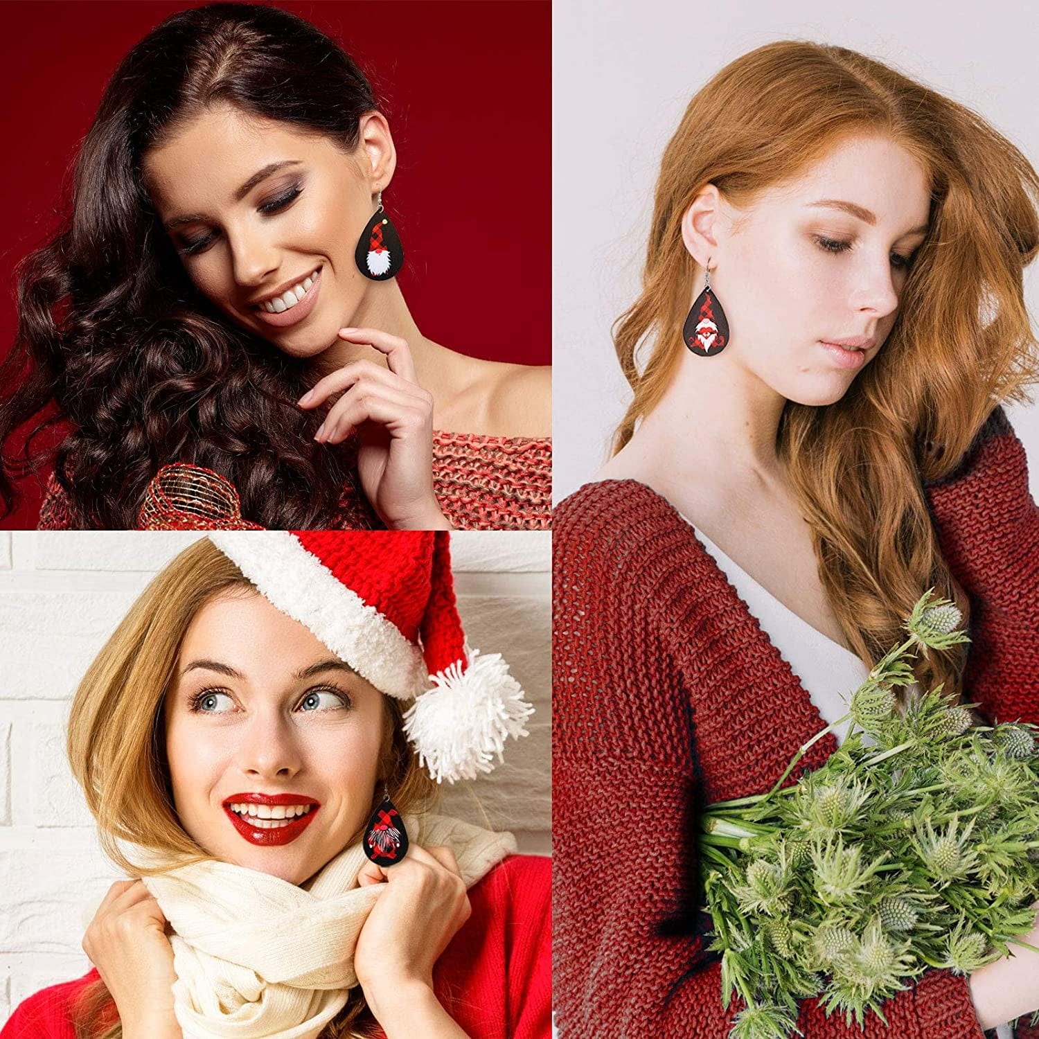 12 Pairs Christmas Plaid Earrings Plaid Gnome Teardrop Earrings Lightweight Faux Leather Xmas Dangle Earrings for Women Girls Black and Red