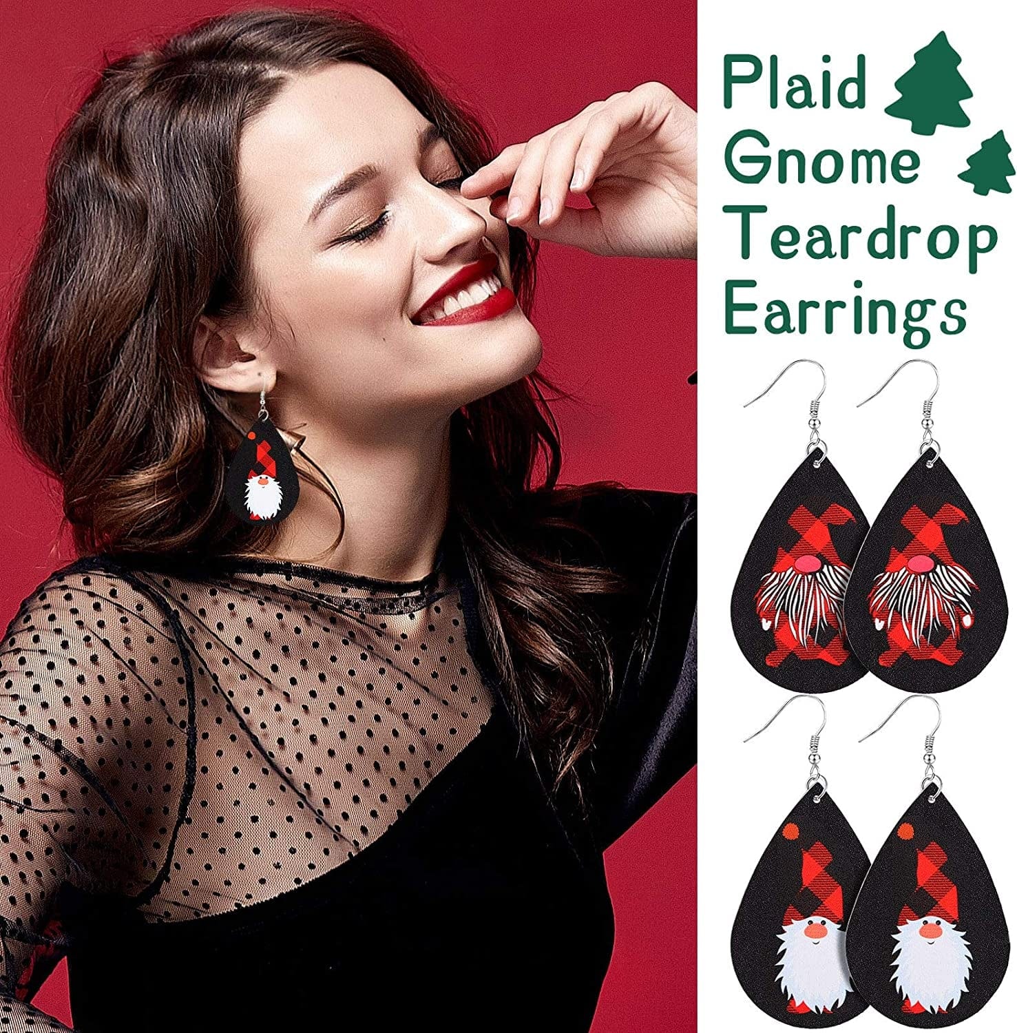 12 Pairs Christmas Plaid Earrings Plaid Gnome Teardrop Earrings Lightweight Faux Leather Xmas Dangle Earrings for Women Girls Black and Red