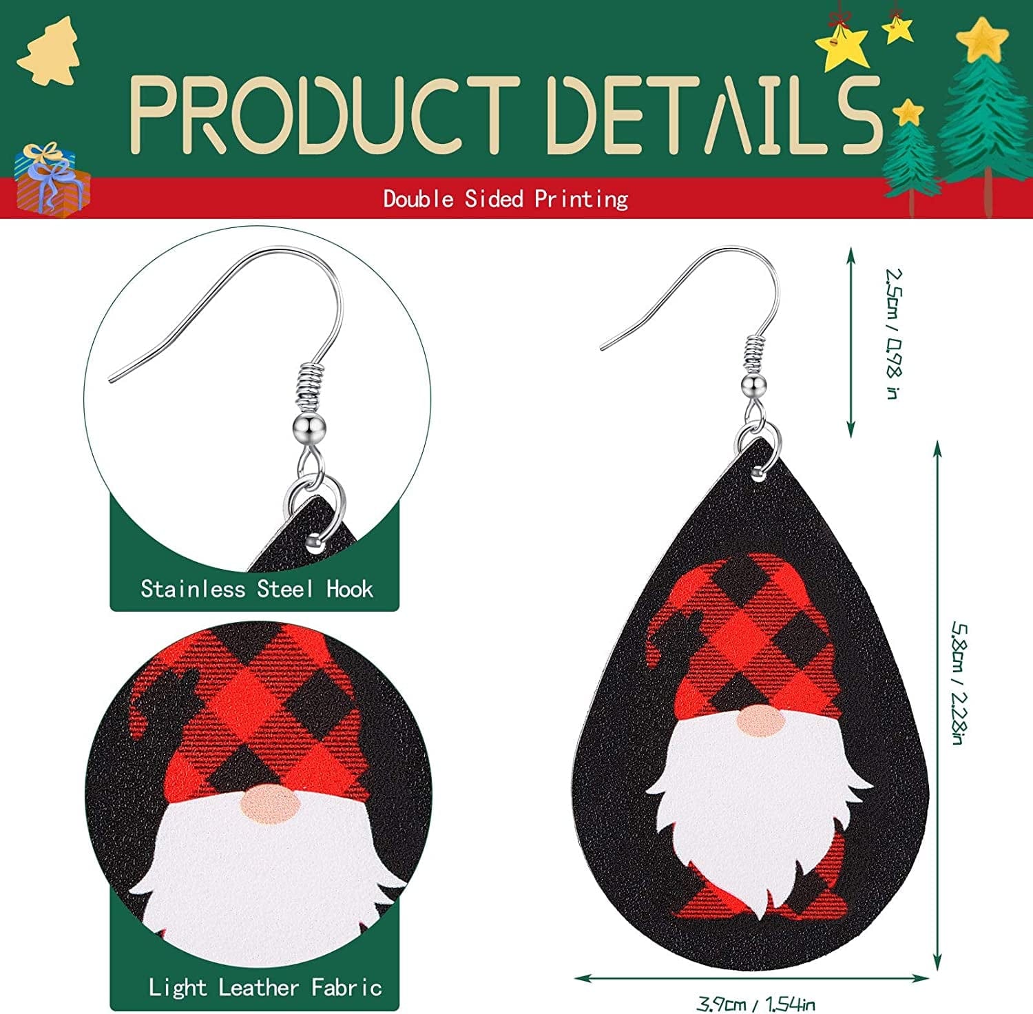 12 Pairs Christmas Plaid Earrings Plaid Gnome Teardrop Earrings Lightweight Faux Leather Xmas Dangle Earrings for Women Girls Black and Red
