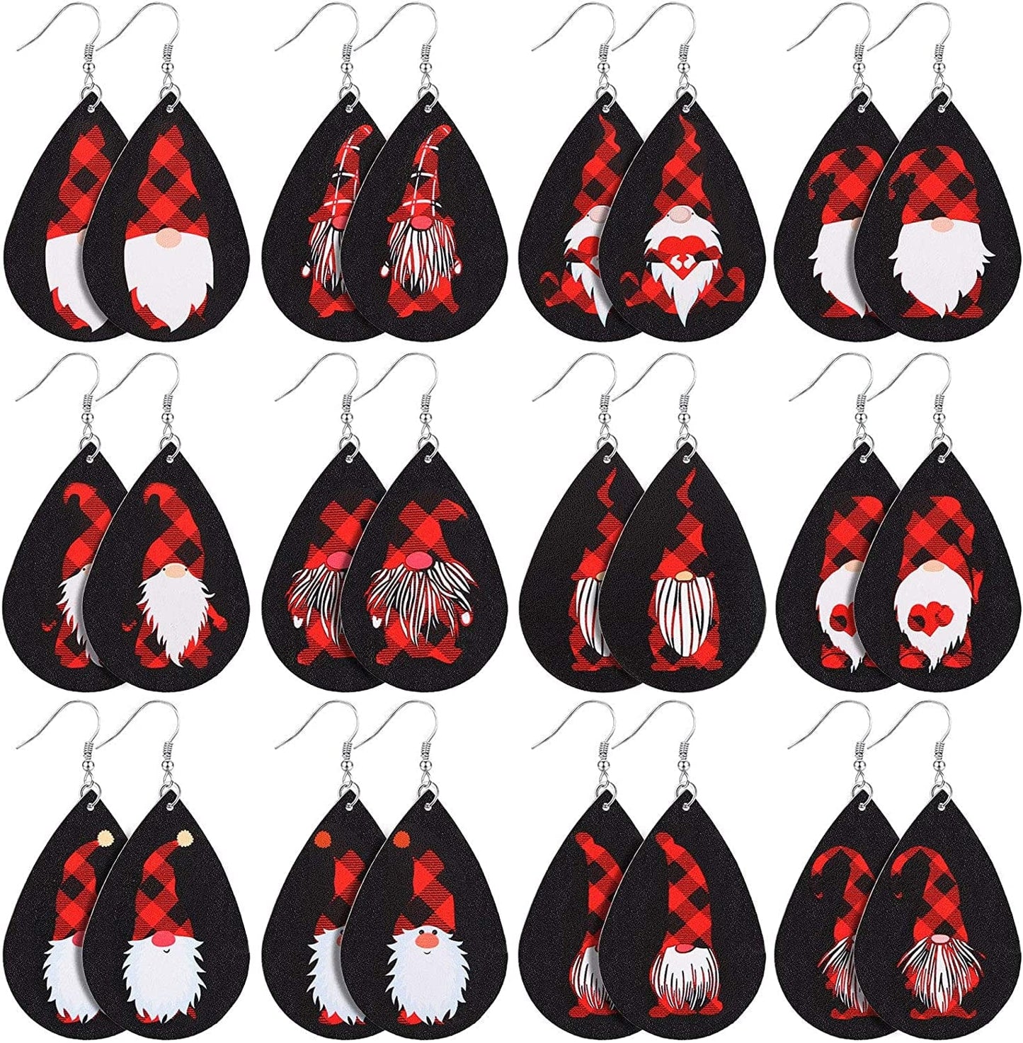 12 Pairs Christmas Plaid Earrings Plaid Gnome Teardrop Earrings Lightweight Faux Leather Xmas Dangle Earrings for Women Girls Black and Red