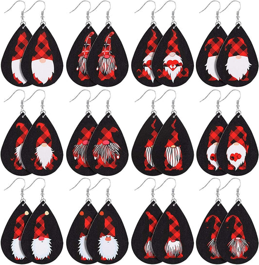 12 Pairs Christmas Plaid Earrings Plaid Gnome Teardrop Earrings Lightweight Faux Leather Xmas Dangle Earrings for Women Girls Black and Red