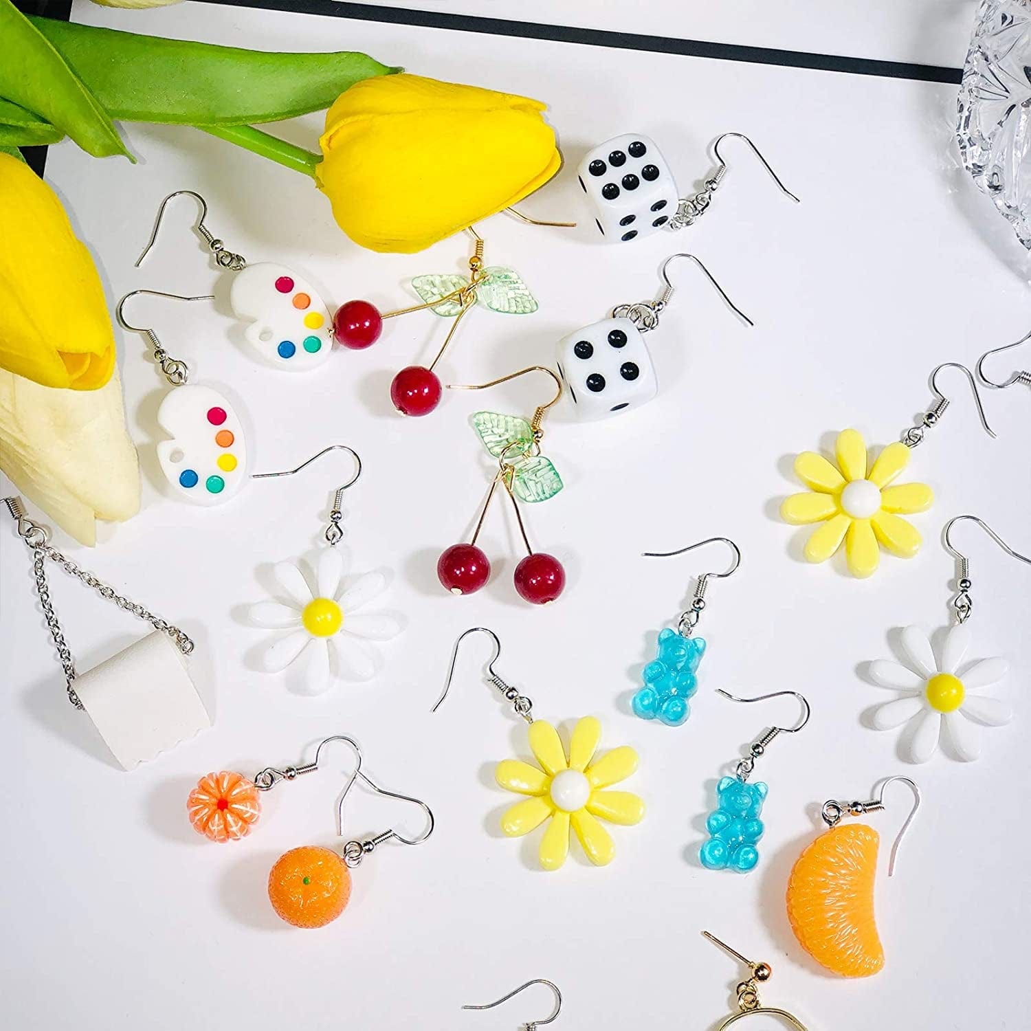 12 Pairs Earrings Gummy Bear Paint Palette Flowers Egg Toilet Paper Dice Daisy Flower Orange Cherry Face Earrings #01