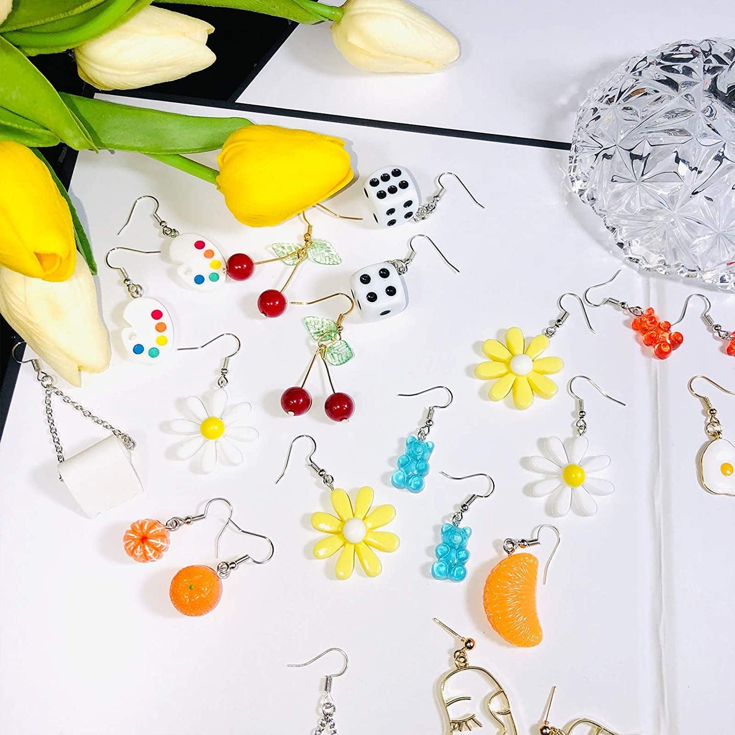 12 Pairs Earrings Gummy Bear Paint Palette Flowers Egg Toilet Paper Dice Daisy Flower Orange Cherry Face Earrings #01