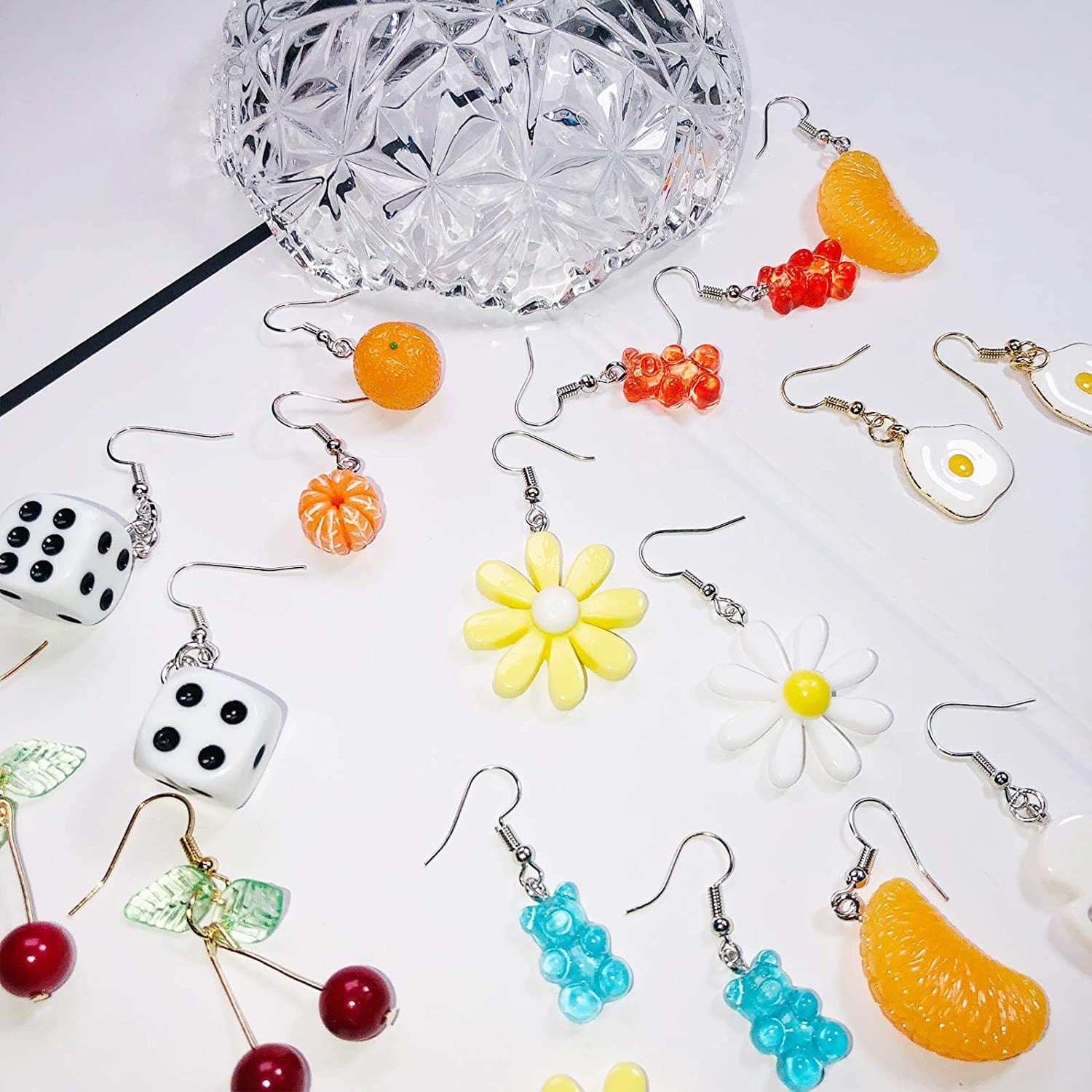 12 Pairs Earrings Gummy Bear Paint Palette Flowers Egg Toilet Paper Dice Daisy Flower Orange Cherry Face Earrings #01
