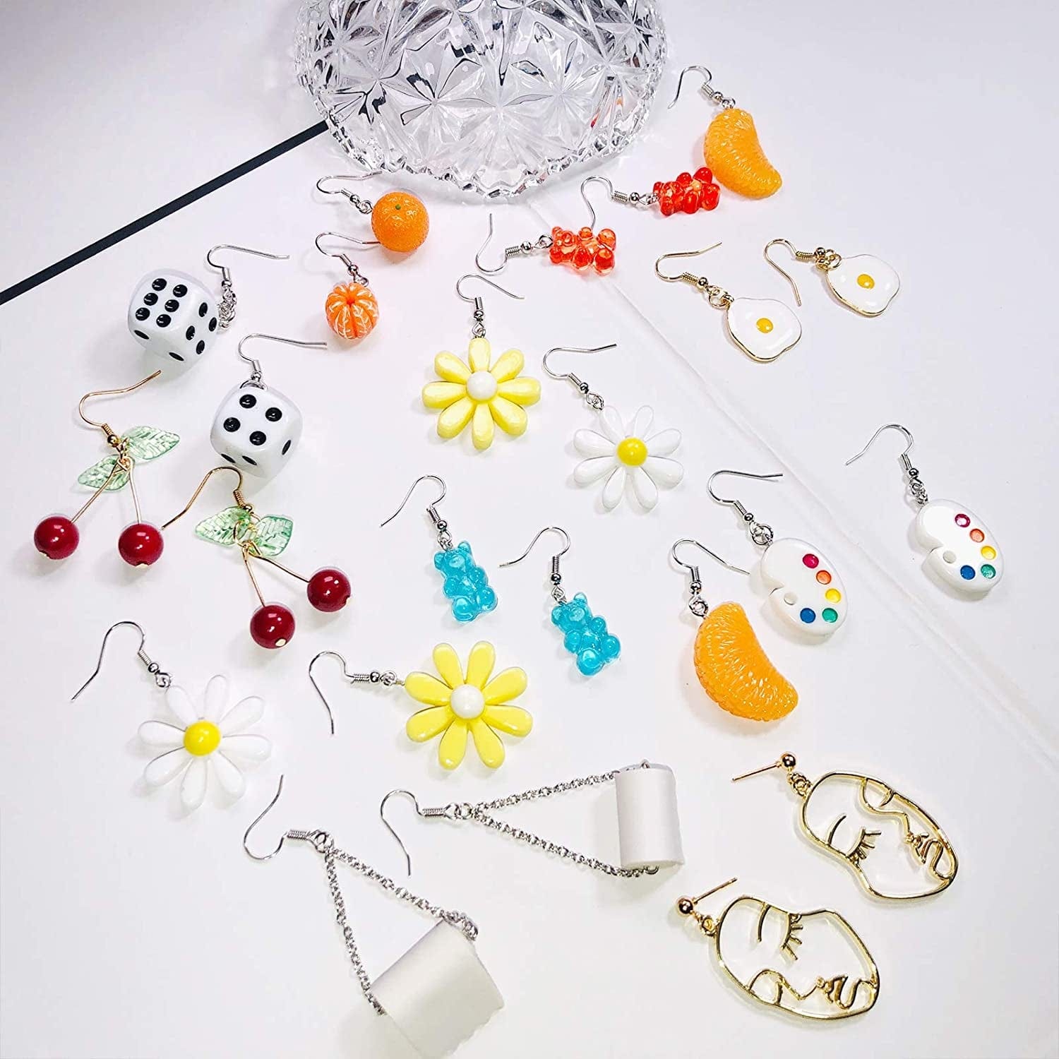 12 Pairs Earrings Gummy Bear Paint Palette Flowers Egg Toilet Paper Dice Daisy Flower Orange Cherry Face Earrings #01