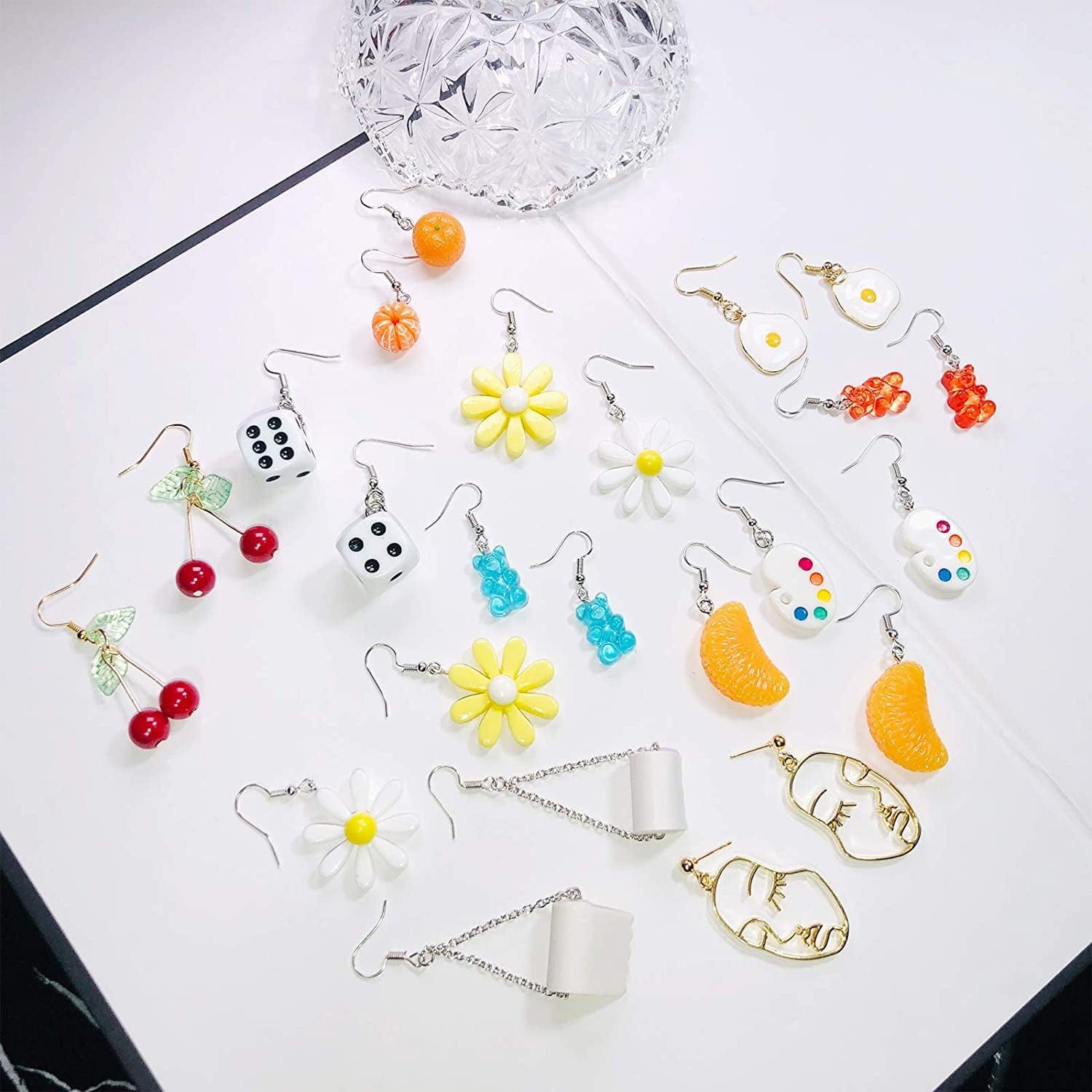 12 Pairs Earrings Gummy Bear Paint Palette Flowers Egg Toilet Paper Dice Daisy Flower Orange Cherry Face Earrings #01