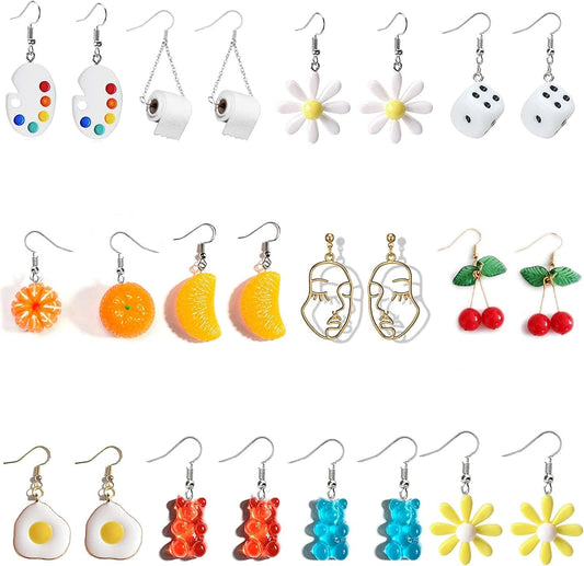 12 Pairs Earrings Gummy Bear Paint Palette Flowers Egg Toilet Paper Dice Daisy Flower Orange Cherry Face Earrings #01