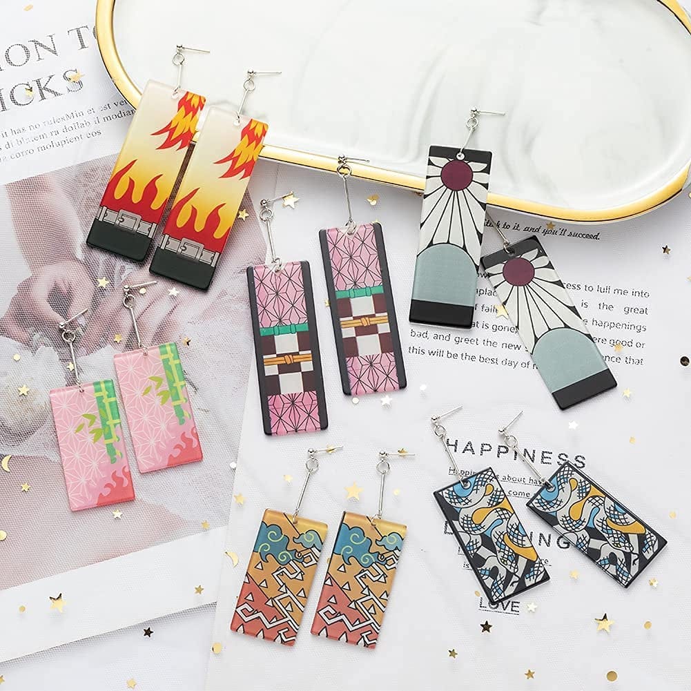 12 Pairs Women'S Tanjiro Earrings Anime Demon Slayer Earrings Cosplay Fashion Double-Sided Acrylic Alloy Resin Earrings