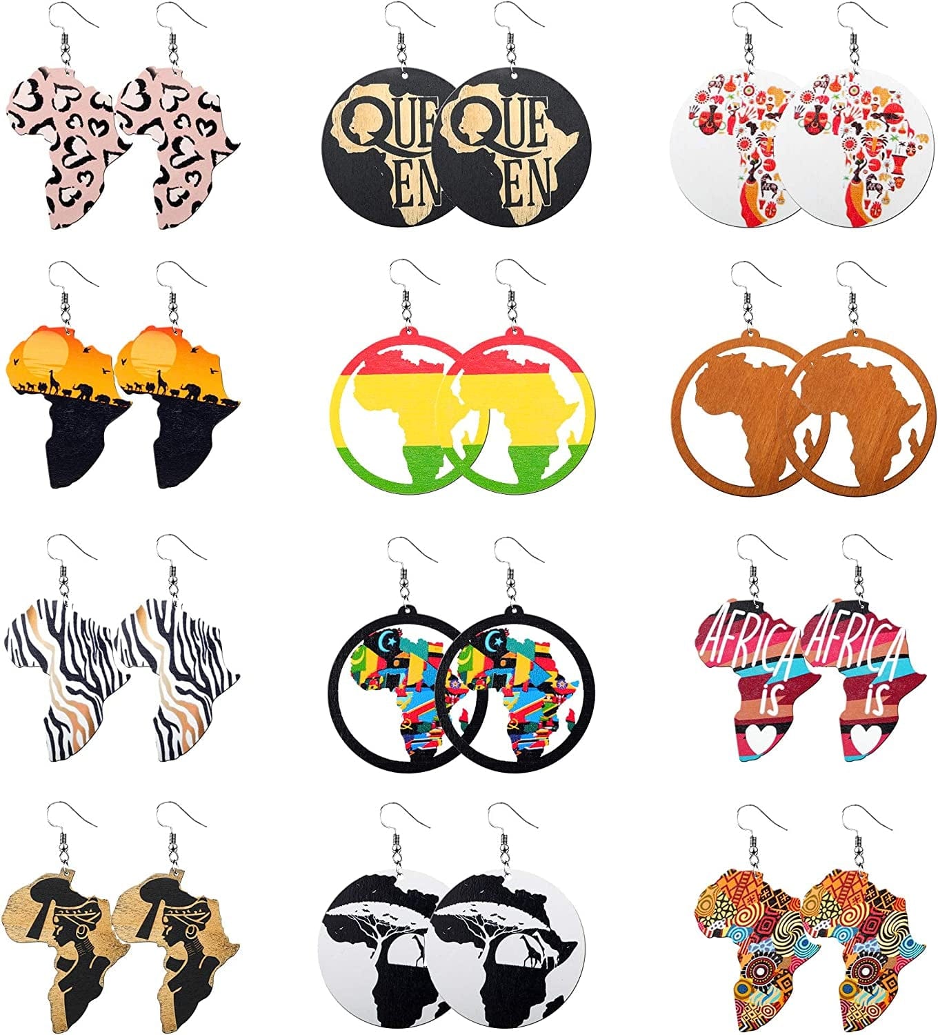 12 Pairs Wooden African Earrings for Women round African Map African Women Earrings Wooden Painted Earrings Ethnic Style Drop Dangle Earrings Set Style 2