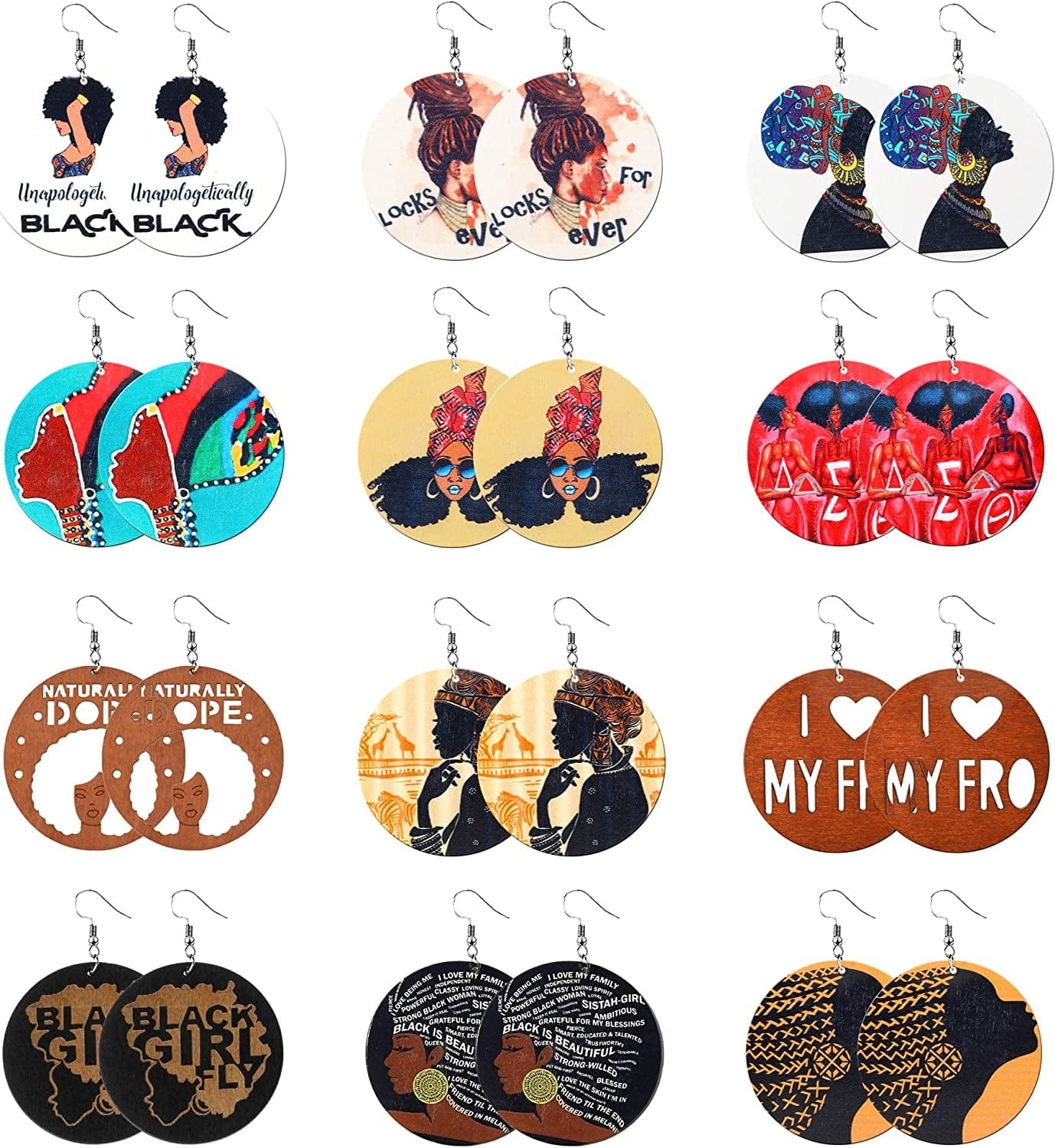 12 Pairs Wooden African Earrings for Women round African Map African Women Earrings Wooden Painted Earrings Ethnic Style Drop Dangle Earrings Set Style 4