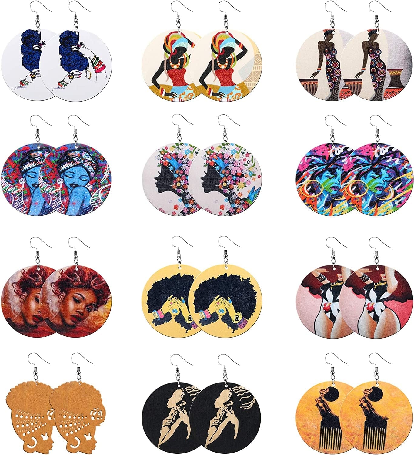 12 Pairs Wooden African Earrings for Women round African Map African Women Earrings Wooden Painted Earrings Ethnic Style Drop Dangle Earrings Set Style 3