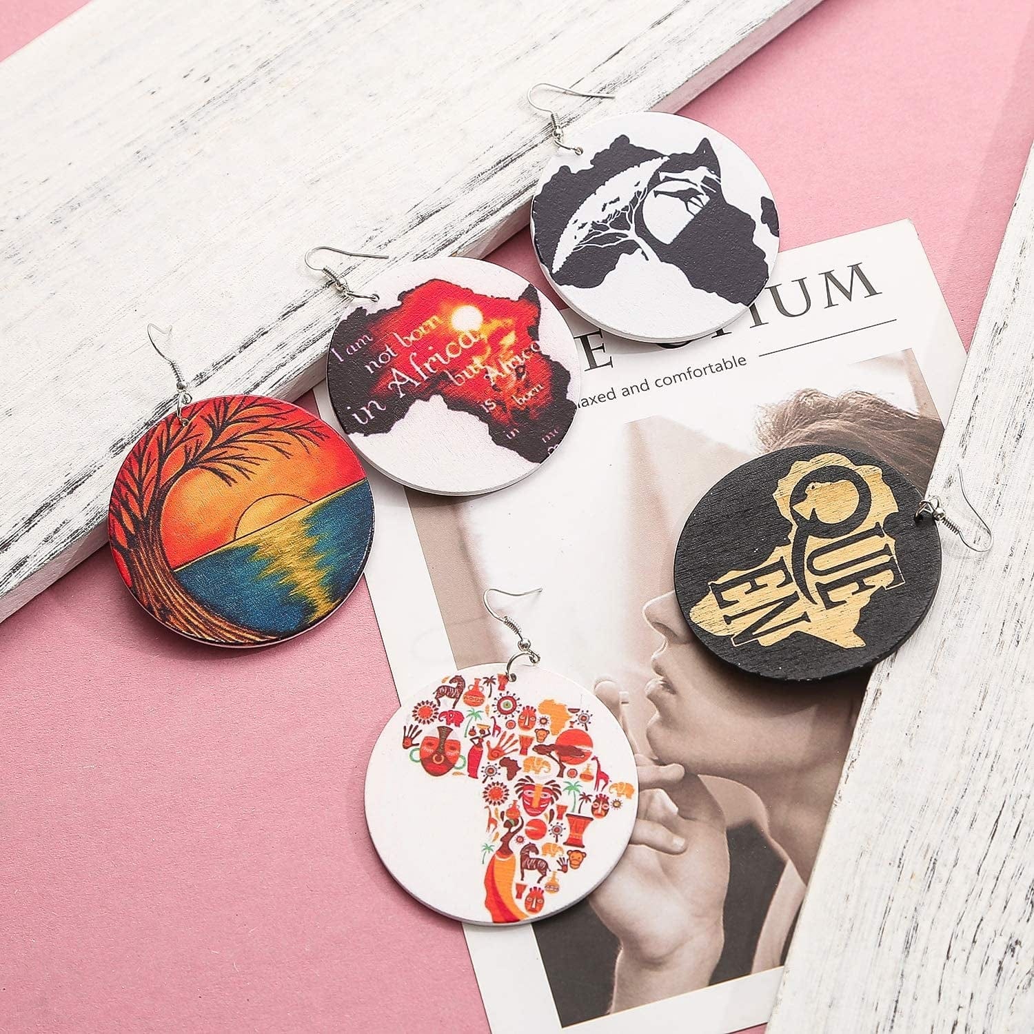 12 Pairs Wooden African Earrings for Women round African Map African Women Earrings Wooden Painted Earrings Ethnic Style Drop Dangle Earrings Set