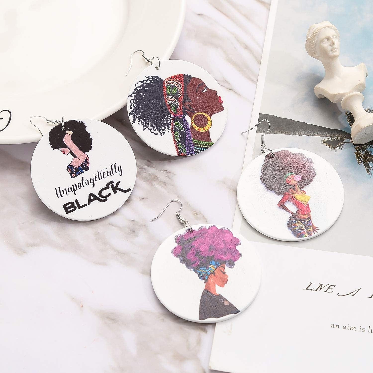 12 Pairs Wooden African Earrings for Women round African Map African Women Earrings Wooden Painted Earrings Ethnic Style Drop Dangle Earrings Set