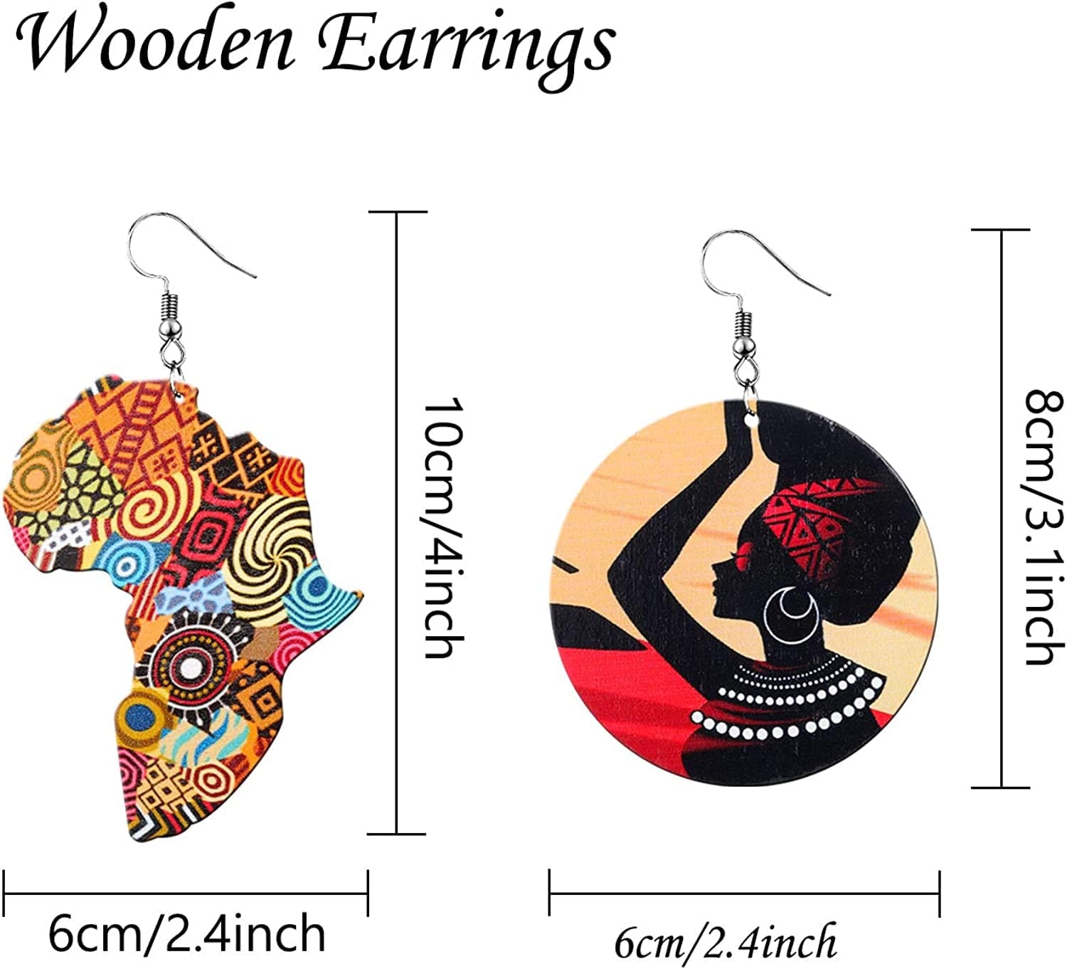 12 Pairs Wooden African Earrings for Women round African Map African Women Earrings Wooden Painted Earrings Ethnic Style Drop Dangle Earrings Set