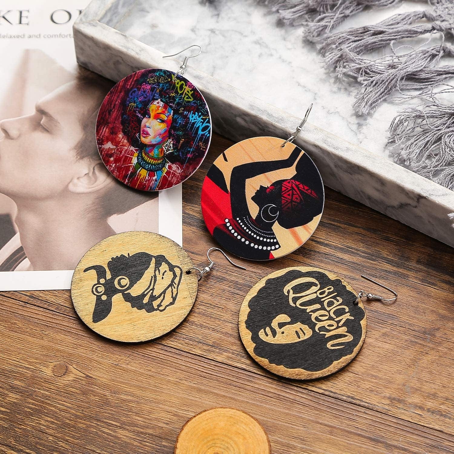 12 Pairs Wooden African Earrings for Women round African Map African Women Earrings Wooden Painted Earrings Ethnic Style Drop Dangle Earrings Set