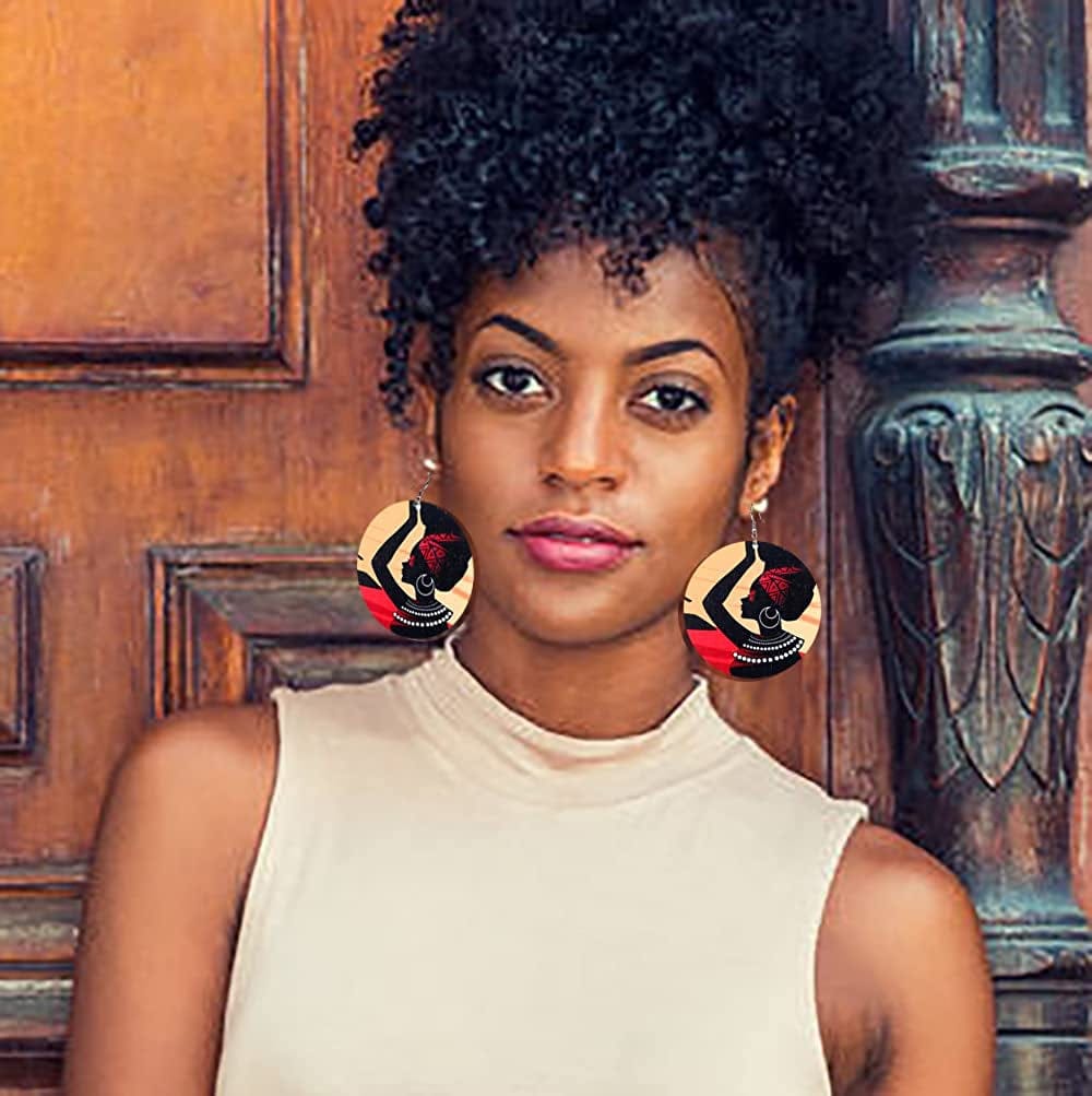 12 Pairs Wooden African Earrings for Women round African Map African Women Earrings Wooden Painted Earrings Ethnic Style Drop Dangle Earrings Set
