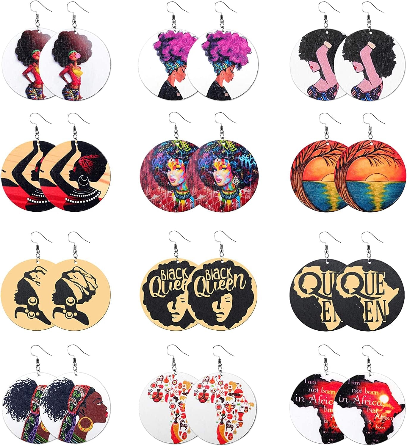 12 Pairs Wooden African Earrings for Women round African Map African Women Earrings Wooden Painted Earrings Ethnic Style Drop Dangle Earrings Set Style 1