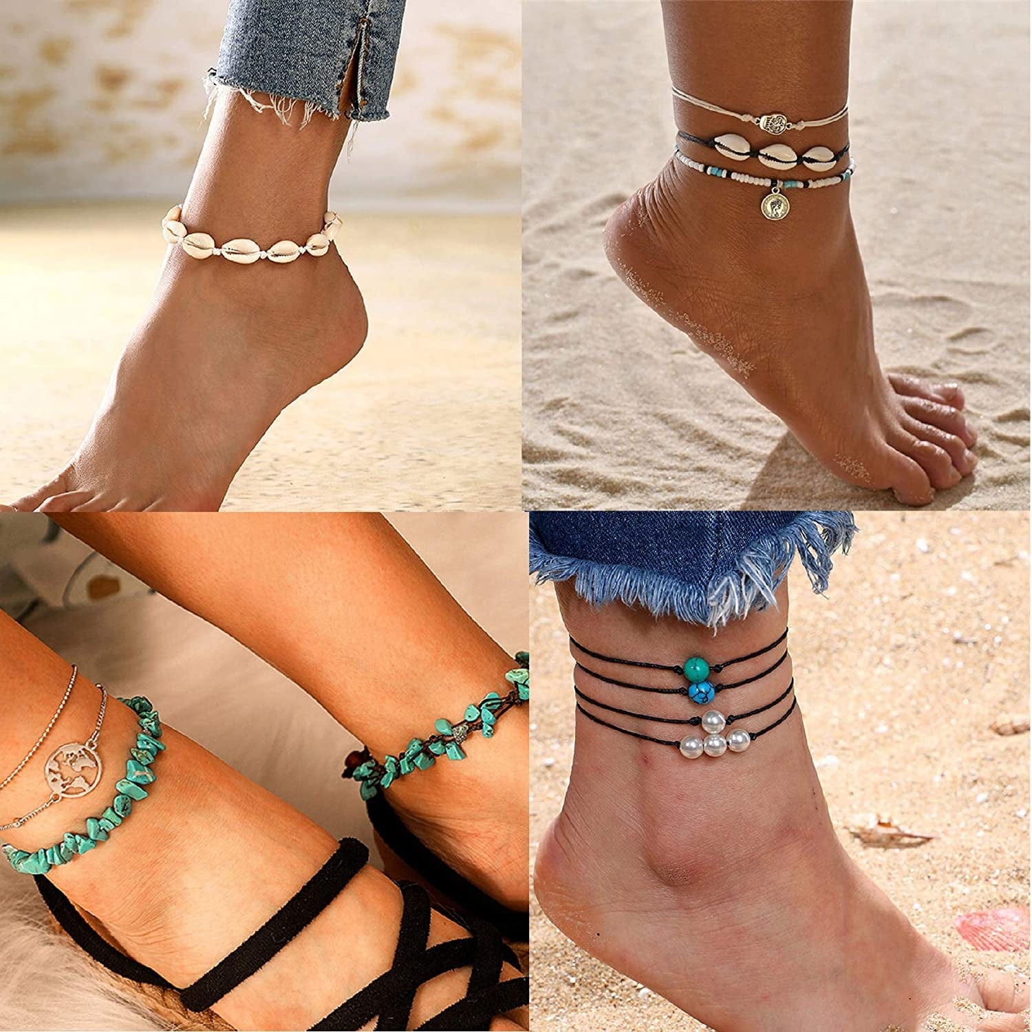 12 PCS Beaded Anklet Bracelets for Women Girls Adjustable Colorful Gold Anklet Bracelets Handmade Boho Waterproof Beach Shell Ankle Bracelet Summer Foot Jewelry Honsny Apparel & Accessories > Jewelry > Anklets Honsny