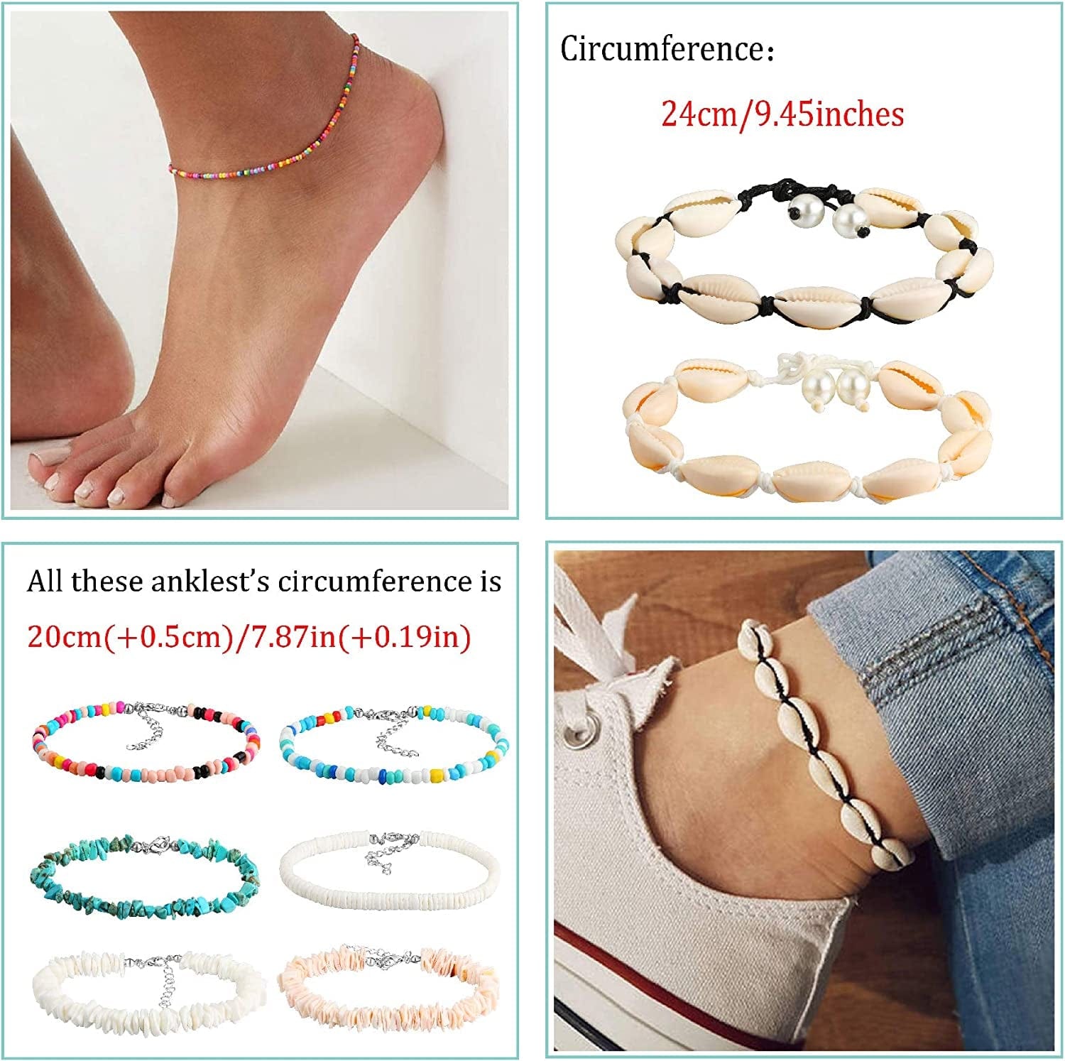 12 PCS Beaded Anklet Bracelets for Women Girls Adjustable Colorful Gold Anklet Bracelets Handmade Boho Waterproof Beach Shell Ankle Bracelet Summer Foot Jewelry Honsny Apparel & Accessories > Jewelry > Anklets Honsny