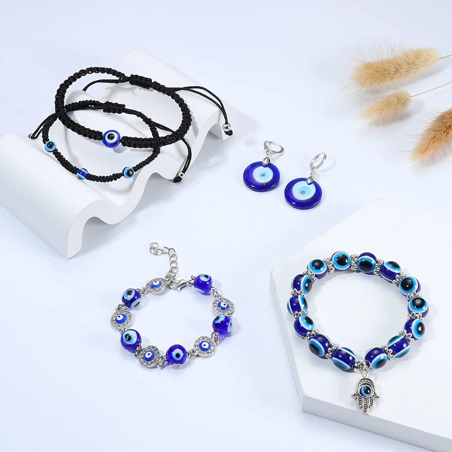 12 Pcs Evil Eye Necklace for Women Men Evil Eye Bead Rope Bracelet Earring Turkish Hamsa Pendant Protection Jewelry Set