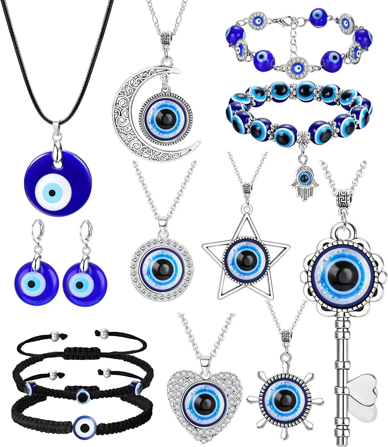 12 Pcs Evil Eye Necklace for Women Men Evil Eye Bead Rope Bracelet Earring Turkish Hamsa Pendant Protection Jewelry Set