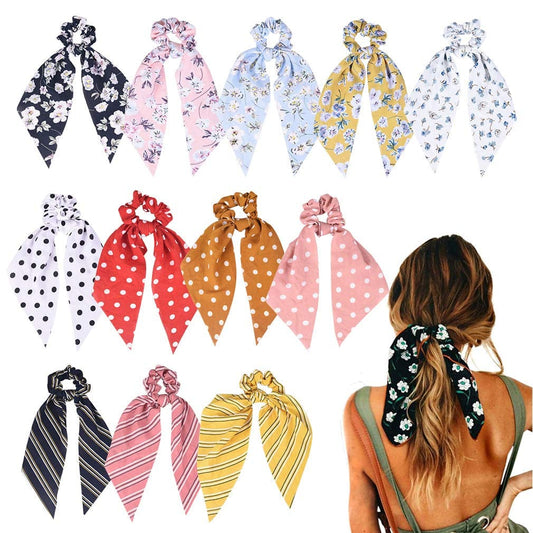 12 Pcs Hair Scarf Hair Scrunchies Chiffon Floral Scrunchie Hair Bands Ponytail Holder Scrunchy Ties 2 in 1 Vintage Accessories for Women Girls Apparel & Accessories > Clothing Accessories > Bandanas & Headties Aileam 12 PCS Hair Scarf