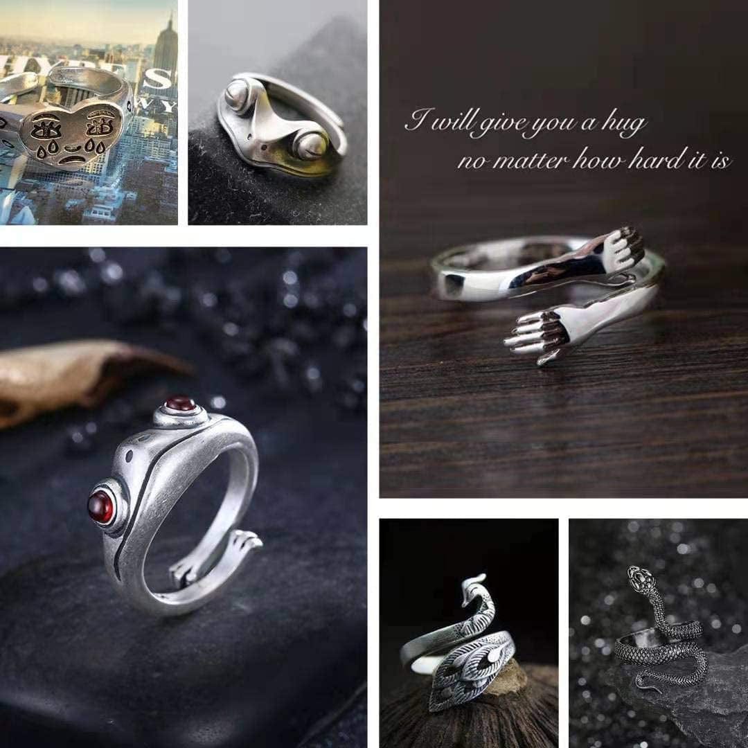 12 Pcs Silver Plated Frog Rings Set, Cute Animal Open Rings Pack, Vintage Goth Hippie Matching Rings, Cute and Stylish, Snake, Hug, Cat, Lucky Face Rings for Couples, Gift for Women Men Girls