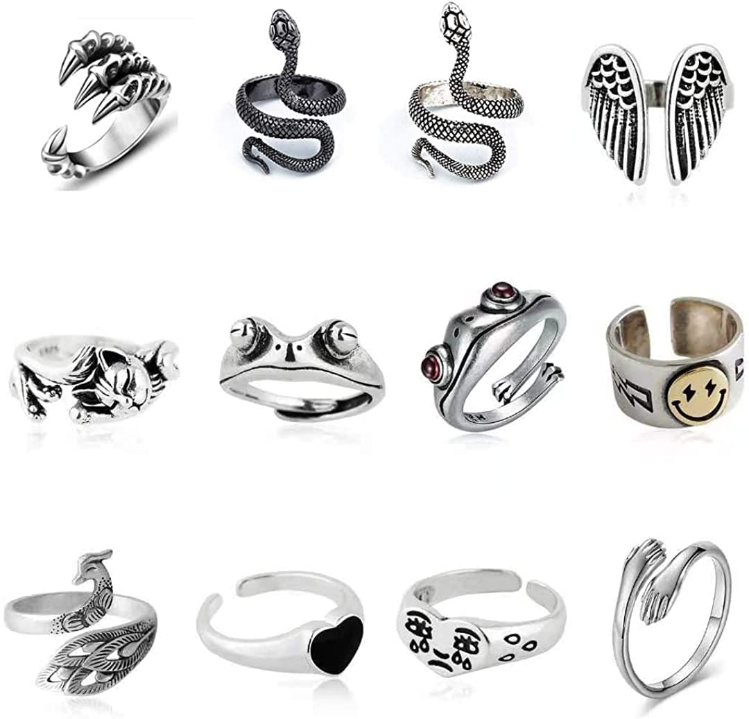 12 Pcs Silver Plated Frog Rings Set, Cute Animal Open Rings Pack, Vintage Goth Hippie Matching Rings, Cute and Stylish, Snake, Hug, Cat, Lucky Face Rings for Couples, Gift for Women Men Girls