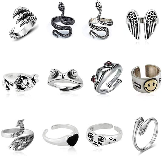 12 Pcs Silver Plated Frog Rings Set, Cute Animal Open Rings Pack, Vintage Goth Hippie Matching Rings, Cute and Stylish, Snake, Hug, Cat, Lucky Face Rings for Couples, Gift for Women Men Girls