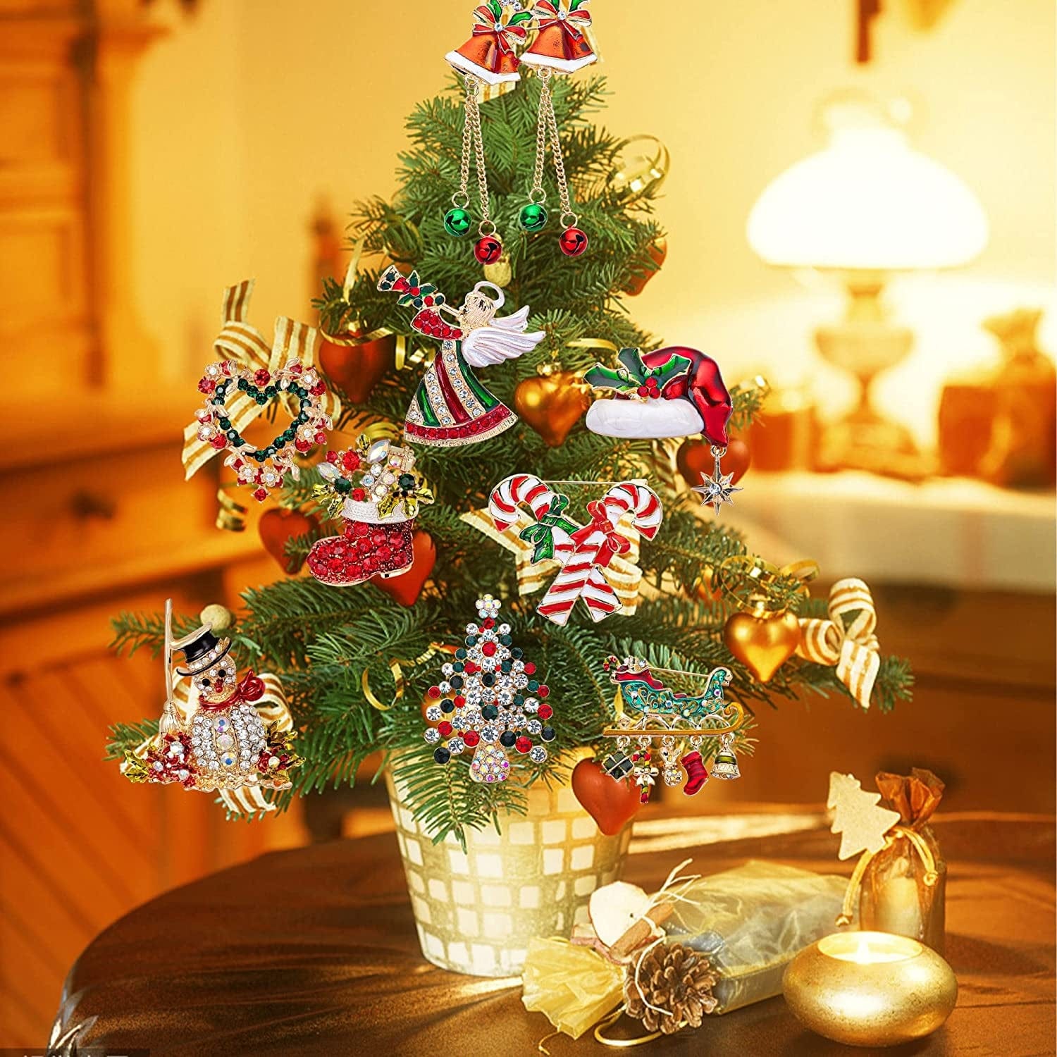 12 Pieces Christmas Brooches Set Crystal Brooch Pins Christmas Rhinestone Lapel Pins Christmas Tree Bells Snowman Brooches for Women Xmas Decor Party Supplies Holiday Gifts