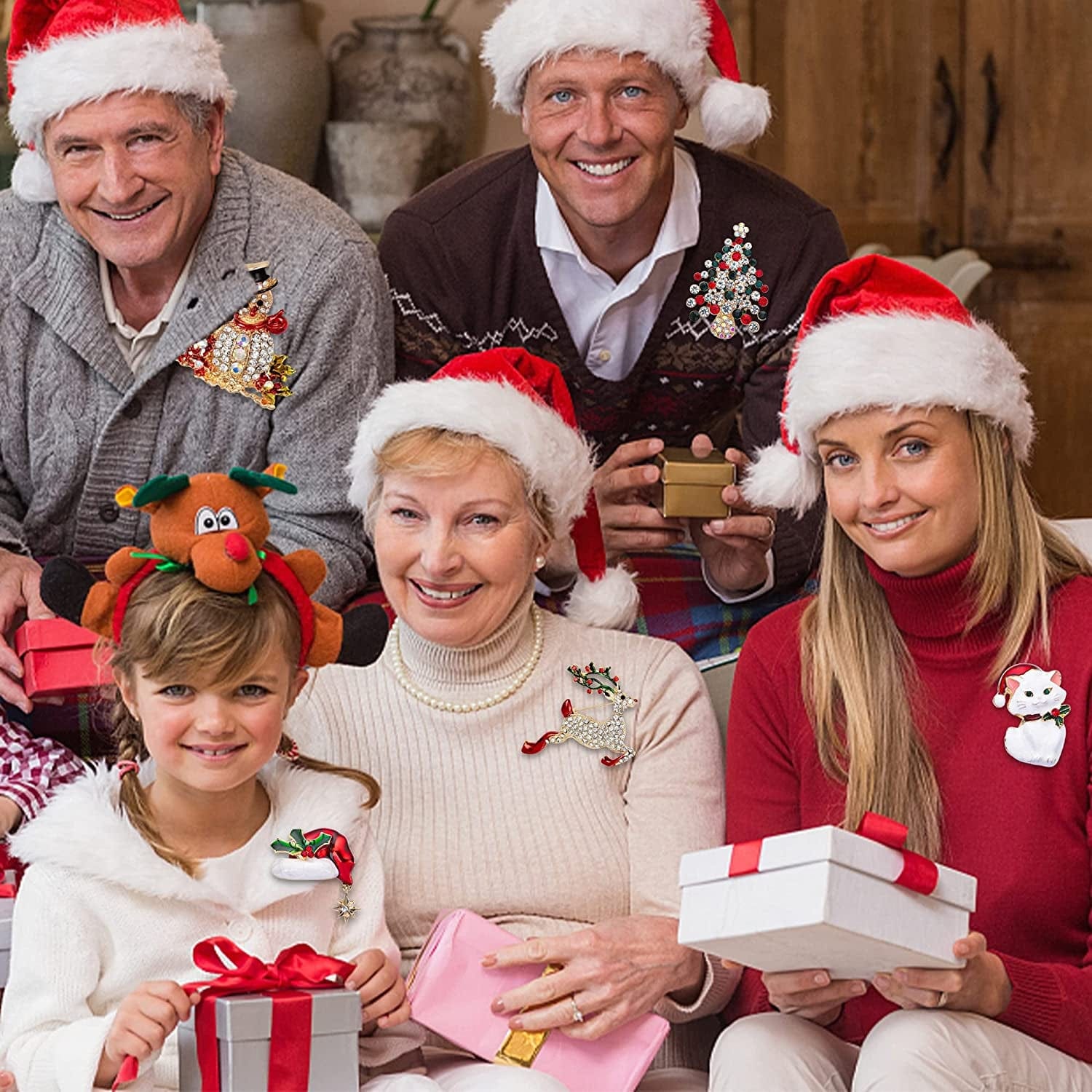 12 Pieces Christmas Brooches Set Crystal Brooch Pins Christmas Rhinestone Lapel Pins Christmas Tree Bells Snowman Brooches for Women Xmas Decor Party Supplies Holiday Gifts